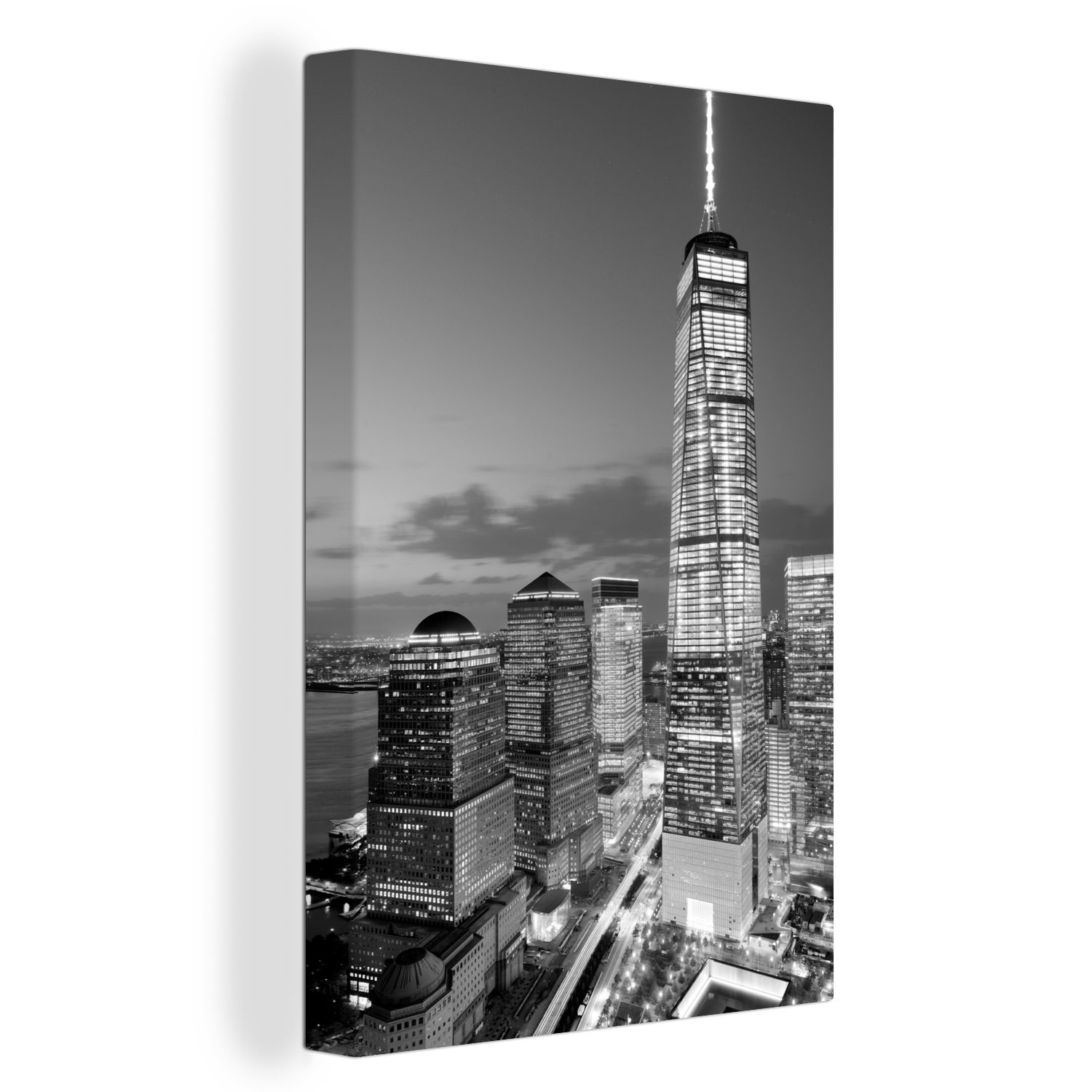 OneMillionCanvasses® Leinwandbild Das eine World Trade Center in New York bei Nacht - schwarz-weiß, (1 St), Leinwandbild fertig bespannt inkl. Zackenaufhänger, Gemälde, 20x30 cm