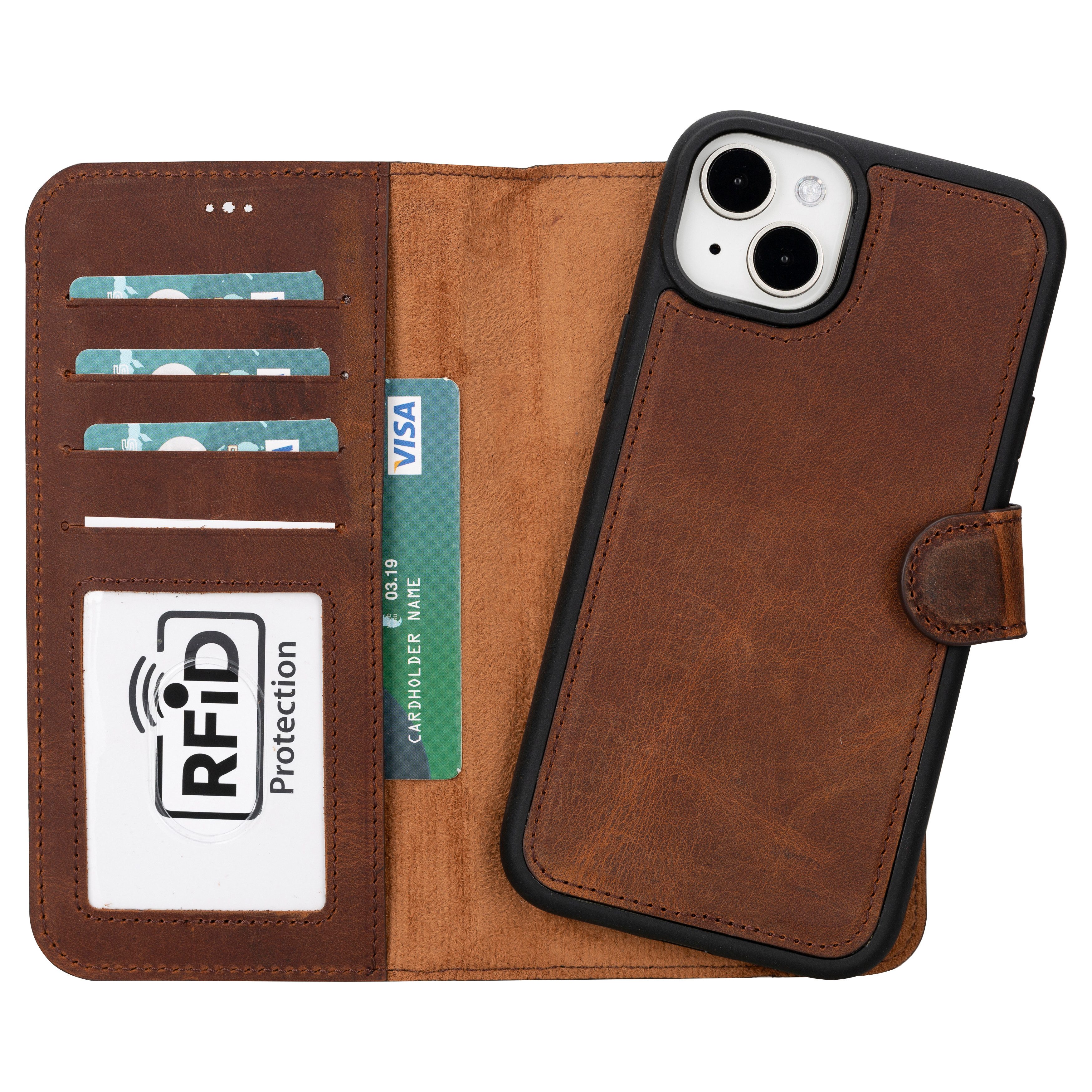 Renna Leather Handyhülle Echtleder Hülle für iPhone 14 Plus Handyhülle mit RFID Tasche