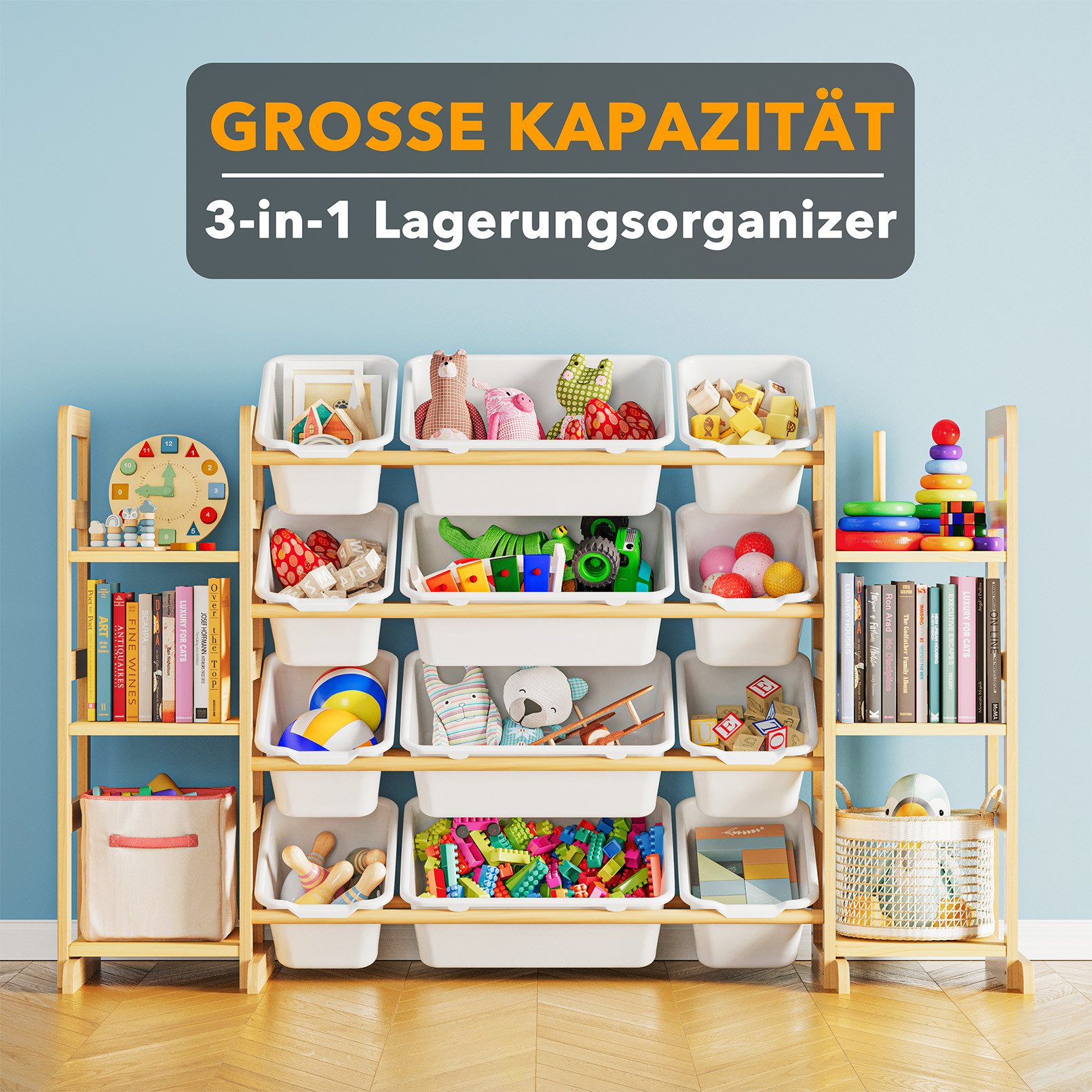 SpaceAid Kinderregal mit 6 Regalen und 12 Behältern, Spielzeug Regal, Bücherregal Kinder