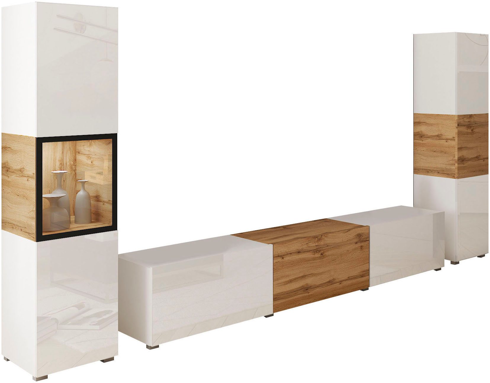 Home affaire Wohnwand BERLIN III, Vitrine Türschlag links/rechts wechselbar, (Komplett-Set, 3-St), moderne grifflose Mediawand Breite 260 cm, Vitrine mit Verglasung