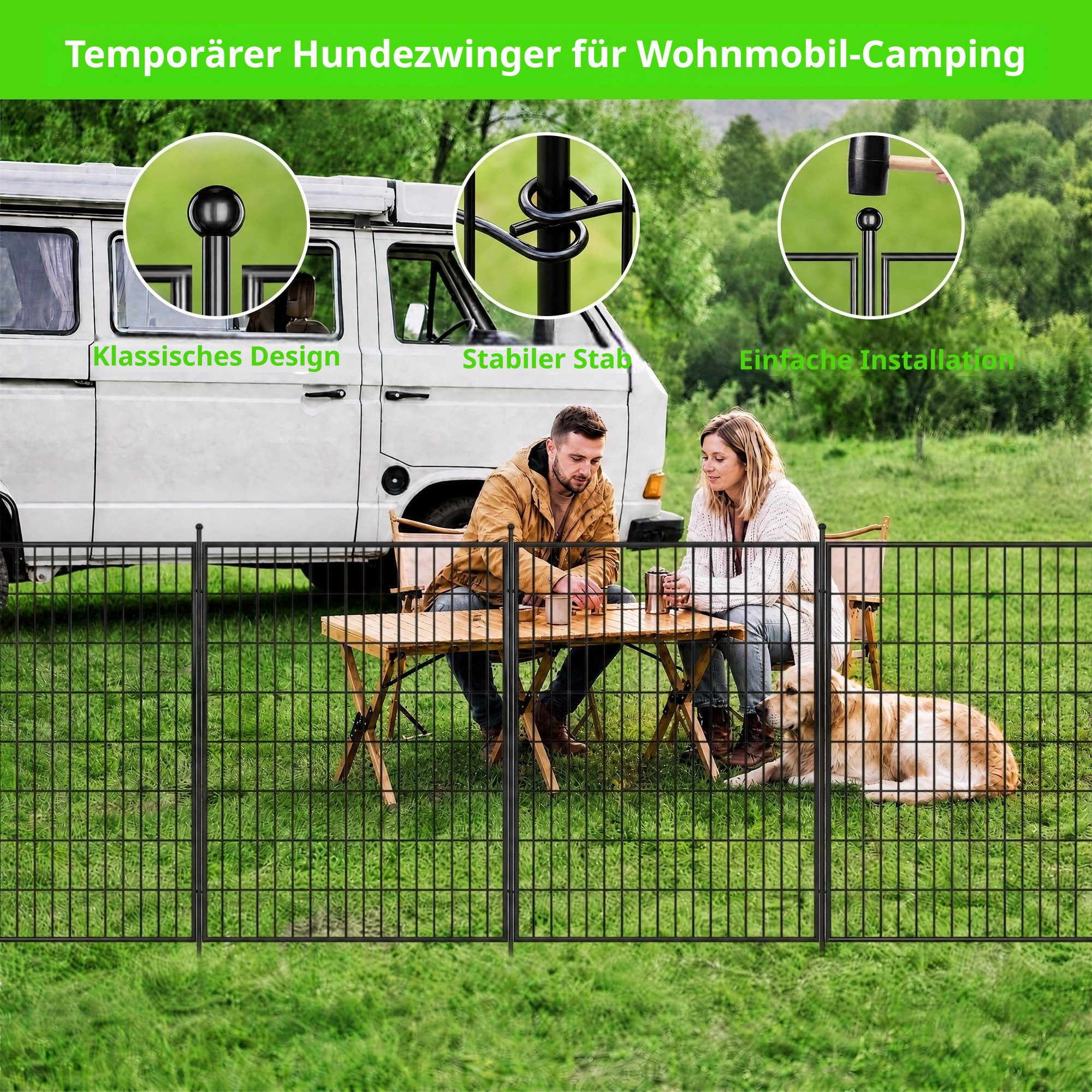 GarveeMore Gartenzaun Freigehege aus Eisen, Metallzaun zum Stecken, kein Graben nötig, (Set, 10-St), 100 cm Höhe mit Tür, schwarz, Beeteinfassung, Hundezwinger, Camping