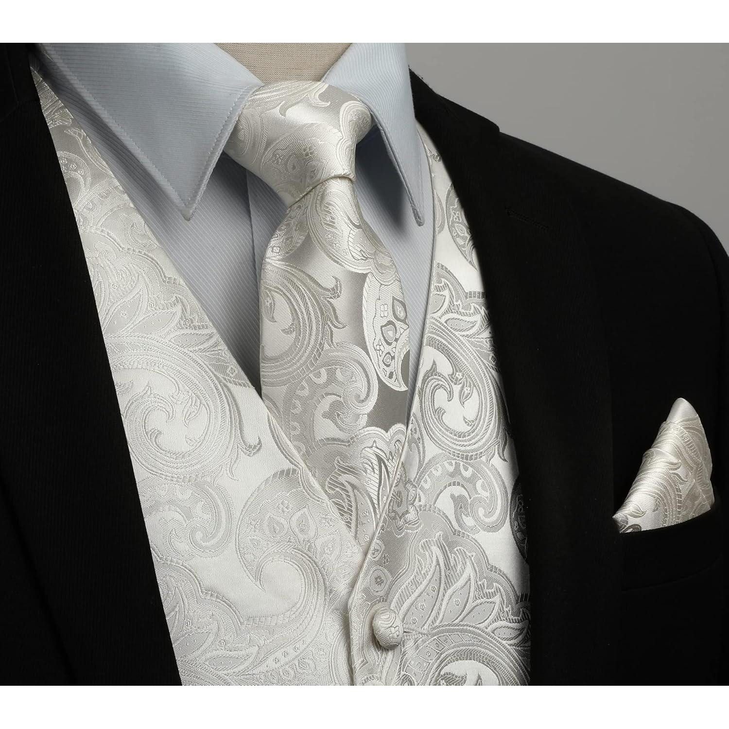 LuxusKollektion Krawatte Weste Herren Floral Hochzeit Jacquard Krawatte Einstecktuch XXL Beige