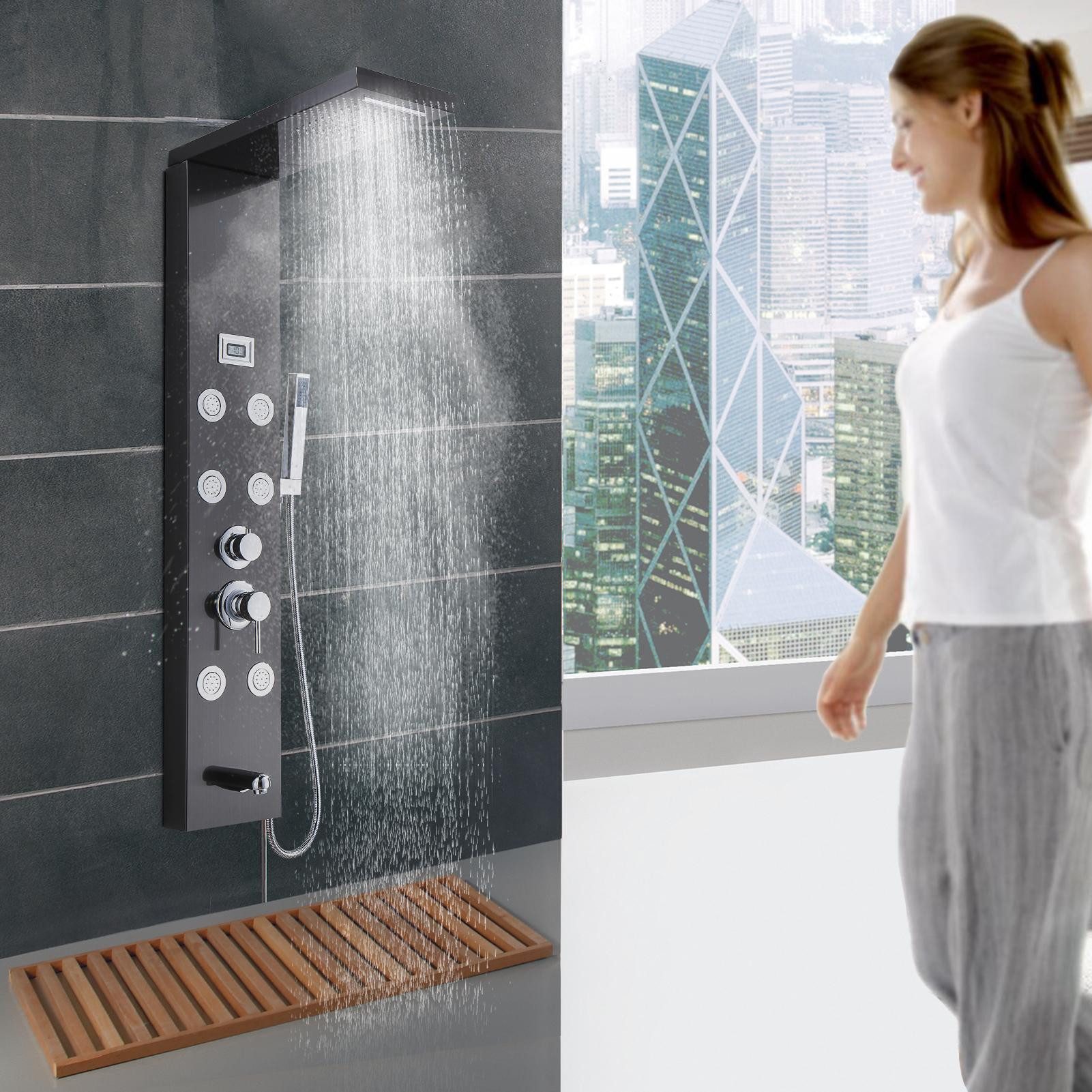 Vellora Duschsystem 304 Edelstahl Duschabtrennung, Schwarz, mit Temperaturanzeige, G1/2", 5 Strahlart(en), Riffel-Nickel-Verarbeitung, 1 tlg., Wasserstromerzeugung, 5 Arten von Wasserabgabemodi