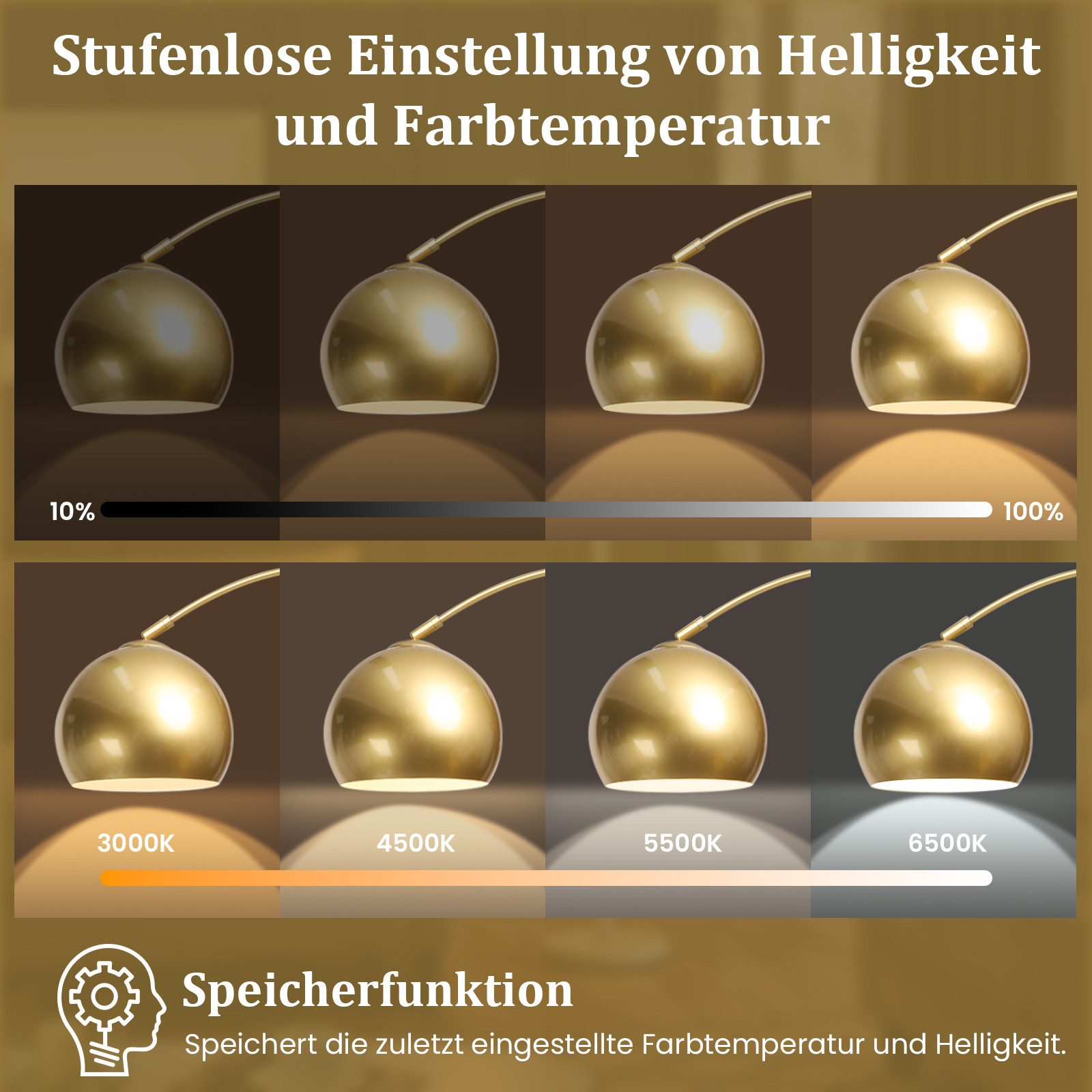 Jibenhome Stehlampe Wohnzimmer Dimmbar Gold, 3 Lichtmodi, Höhenverstellbare, Fußschalter, Speicherfunktion, Timer, Bogenlampe, Mit LED-Glühbirne
