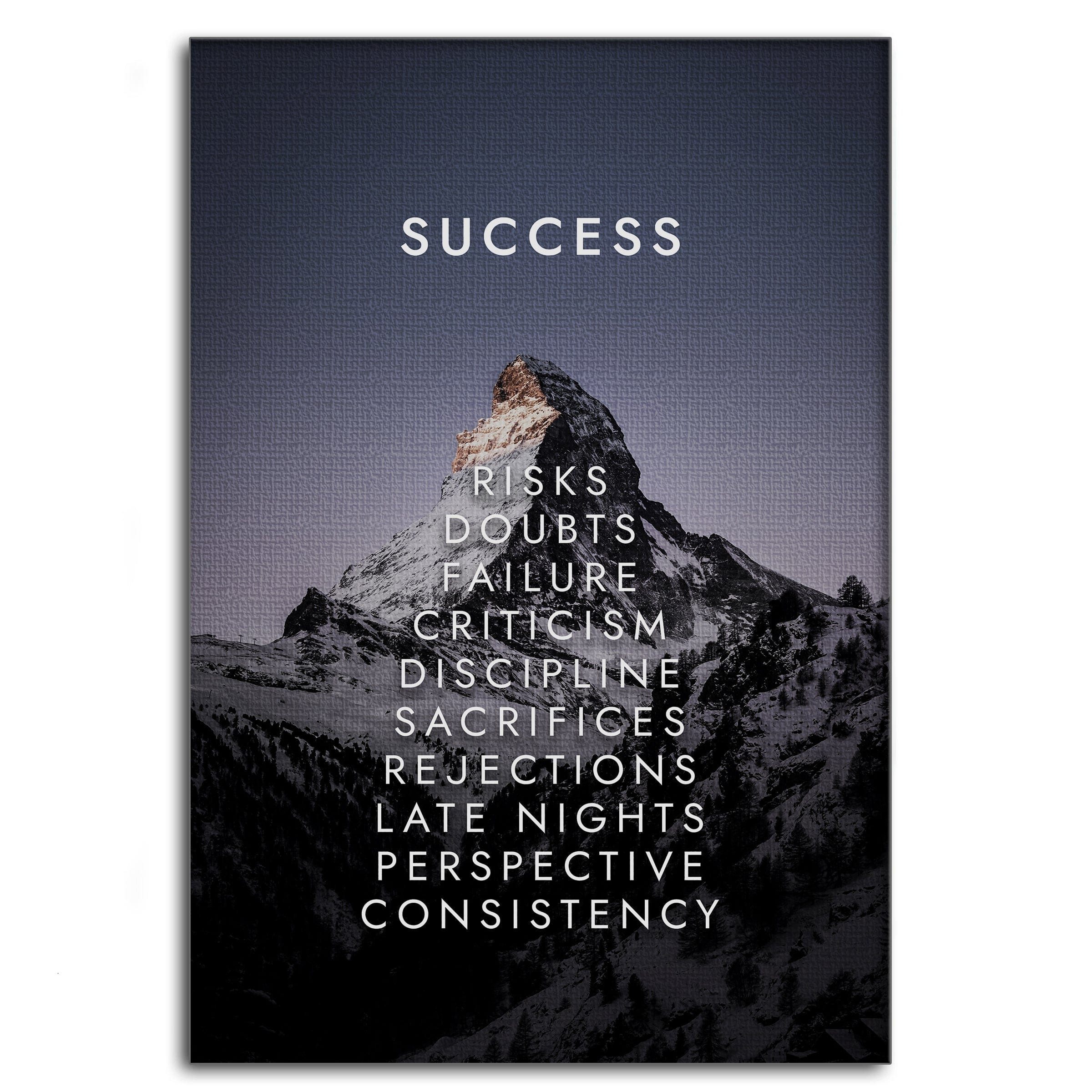 SimpleCanvas Wandbild Mountain of Success V2 - Leinwandbild Motivation, Wandbild Berg des Erfolgs, Sprüche, Ziele