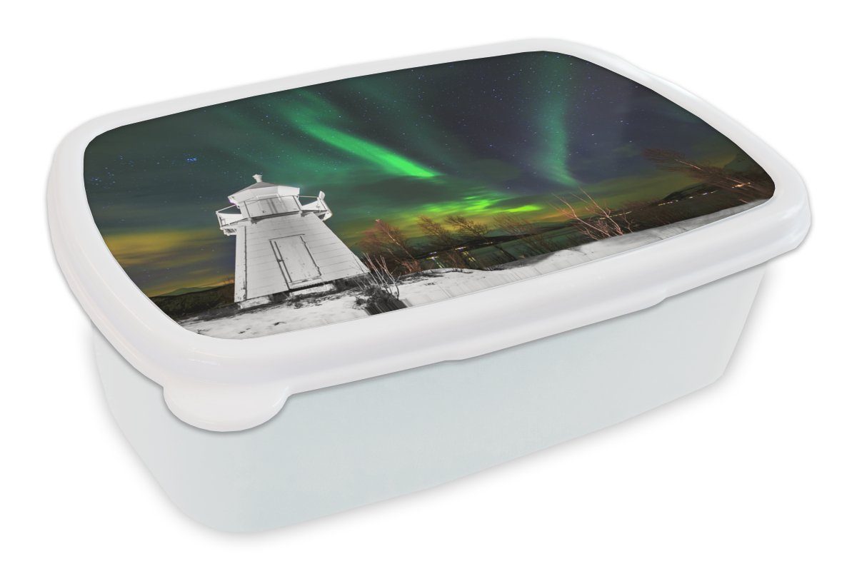 MuchoWow Lunchbox Nordlichter Erwachsene, - (2-tlg), Mädchen weiß für Leuchtturm Norwegen, Jungs und - Kinder für Brotbox Brotdose, und Kunststoff