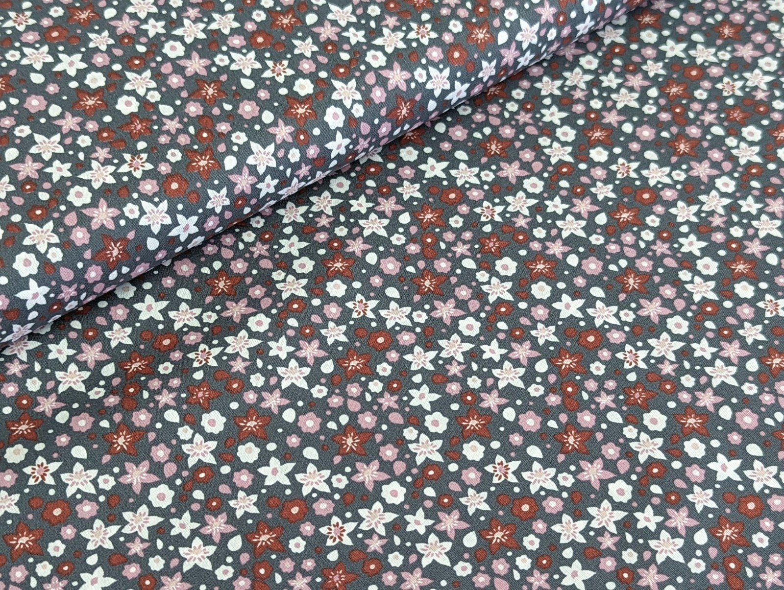 CORILEO Stoff Baumwollstoff Poplin Blumenrausch Grau Fuchsia Stoff Meterware