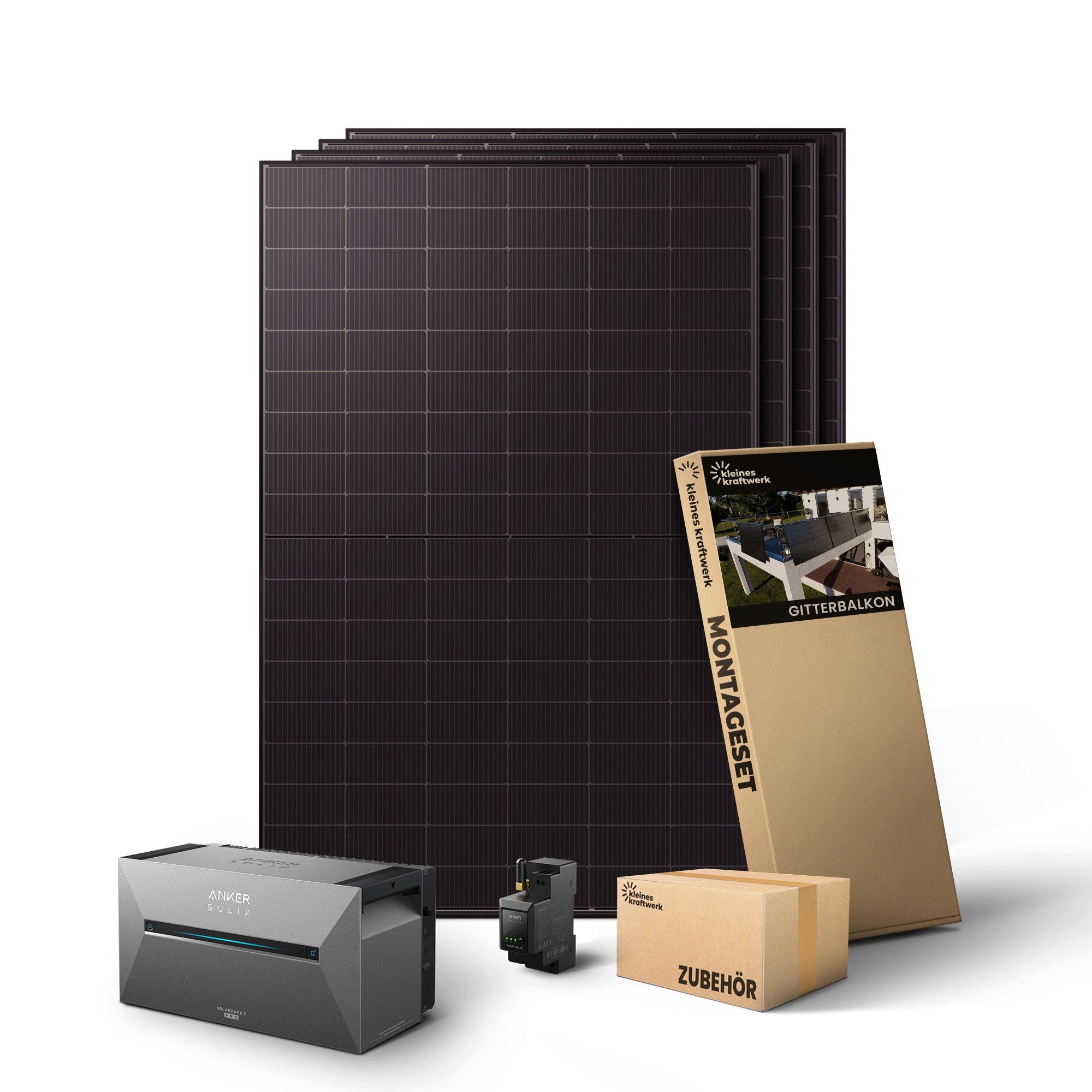 Kleines Kraftwerk Balkonkraftwerk, 2000 W, Monokristallin, (Gitterbalkon, Solaranlage Komplettset mit Speicher), 4 x 500W, Anker Solarbank 3 Pro, Wechselrichter