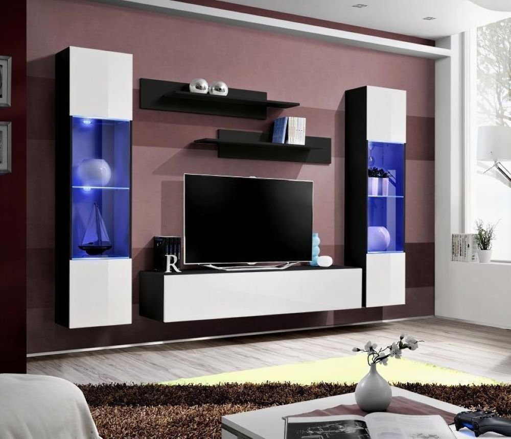 JVmoebel Wohnzimmer-Set Wohnwand Holz Wohnzimmer Möbel TV Ständer Moderne Design Wand Regale, (6-St., Wohnwand, 2x Hänge Vitrine, TV Ständer, 2x Wandregal), Made in Europa