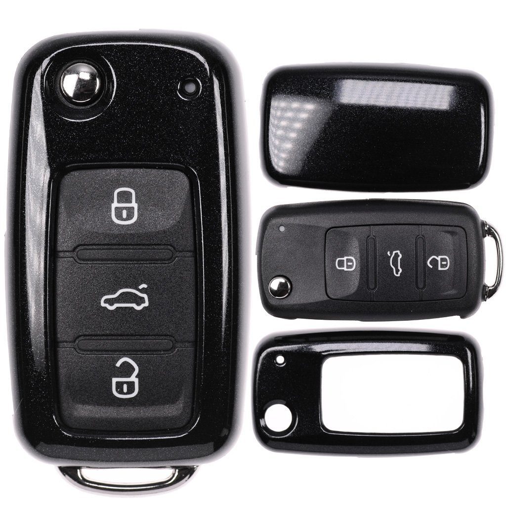 mt-key Schlüsseltasche Autoschlüssel Hardcover Schutzhülle Metallic Schwarz, für VW UP Golf Polo Seat Ibiza Skoda Octavia Yeti ab 2009 Schlüssel