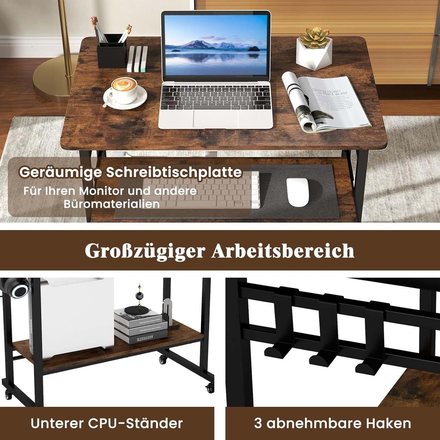 KOMFOTTEU Stehpult, Schreibtisch mit offener Unterablage, Tastaturablage & 3 Haken