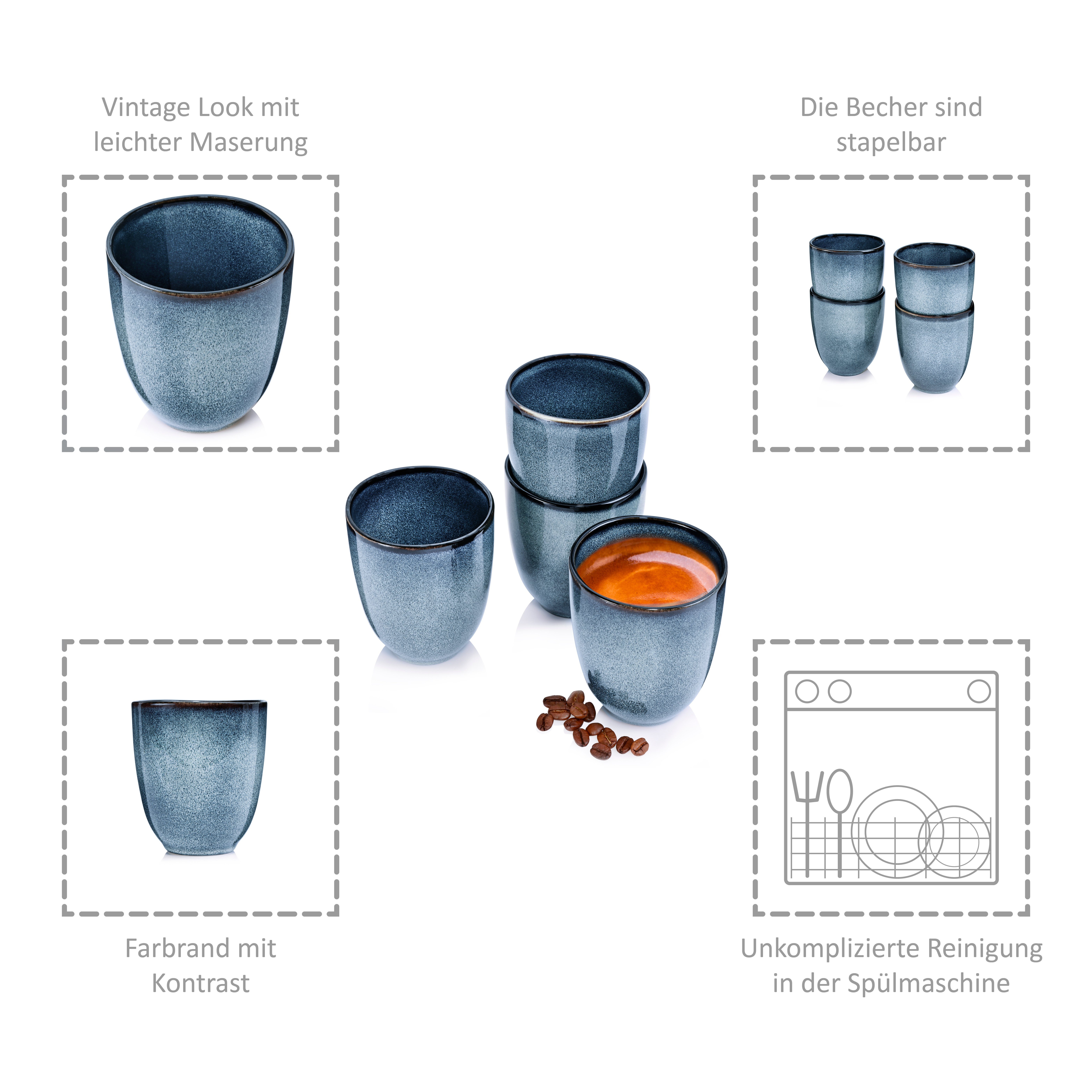 SÄNGER Becher Darwin Kaffeebecher ohne Henkel, 4-tlg., Steingut, Handmade, 180 ml, ⌀7,5x8,5cm, Blau, Premium Collection