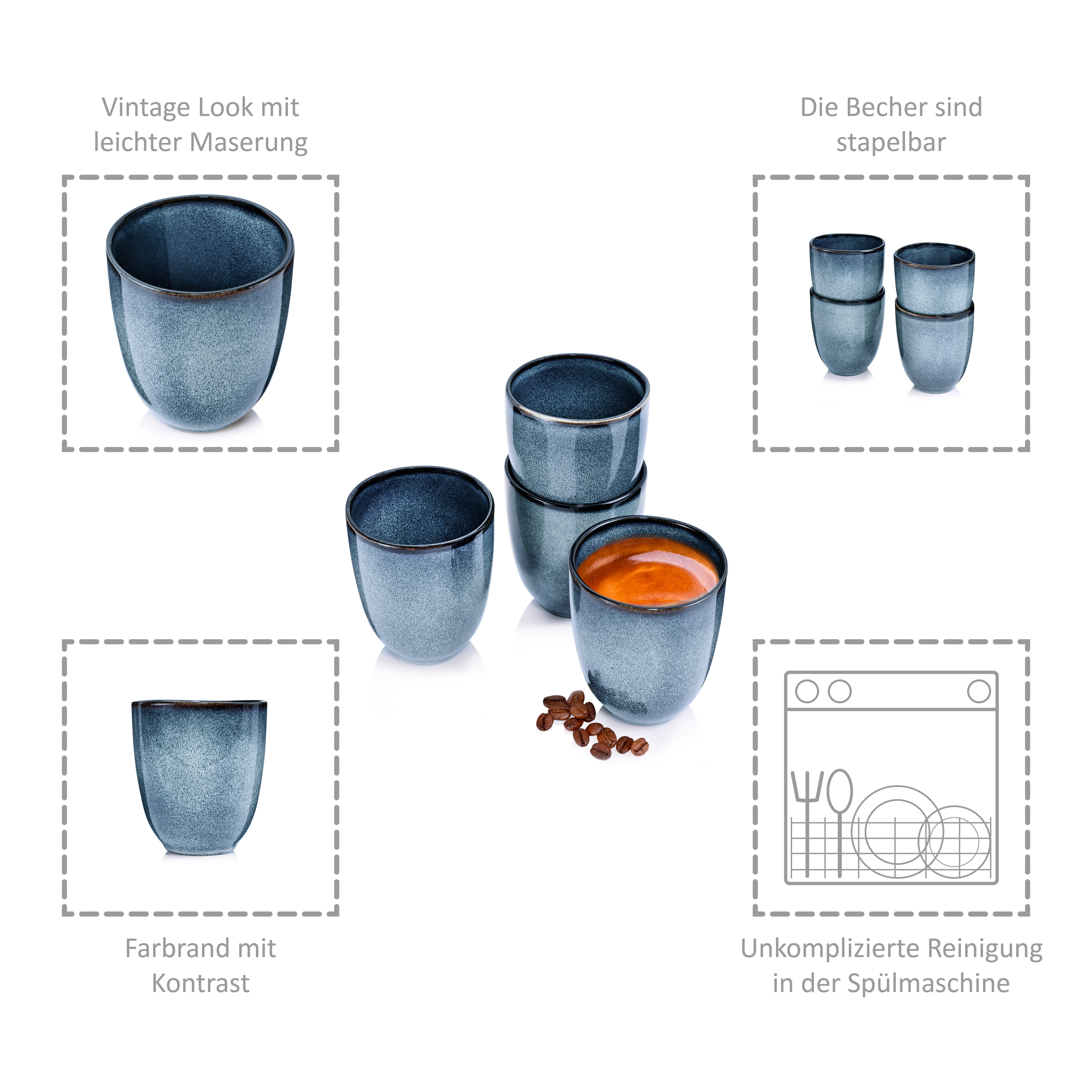 SÄNGER Becher Darwin Kaffeebecher Blau 4-teilig, ml, 180 ohne Henkel, Steingut, Handmade