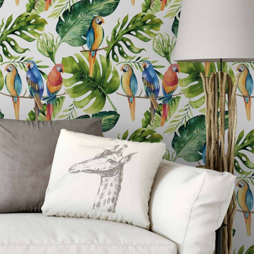 K&L Wall Art Mustertapete Wohnzimmer Papageien im Dschungel bunte Vliestapete Regenwald Vögel, Dschungeltiere Tapete