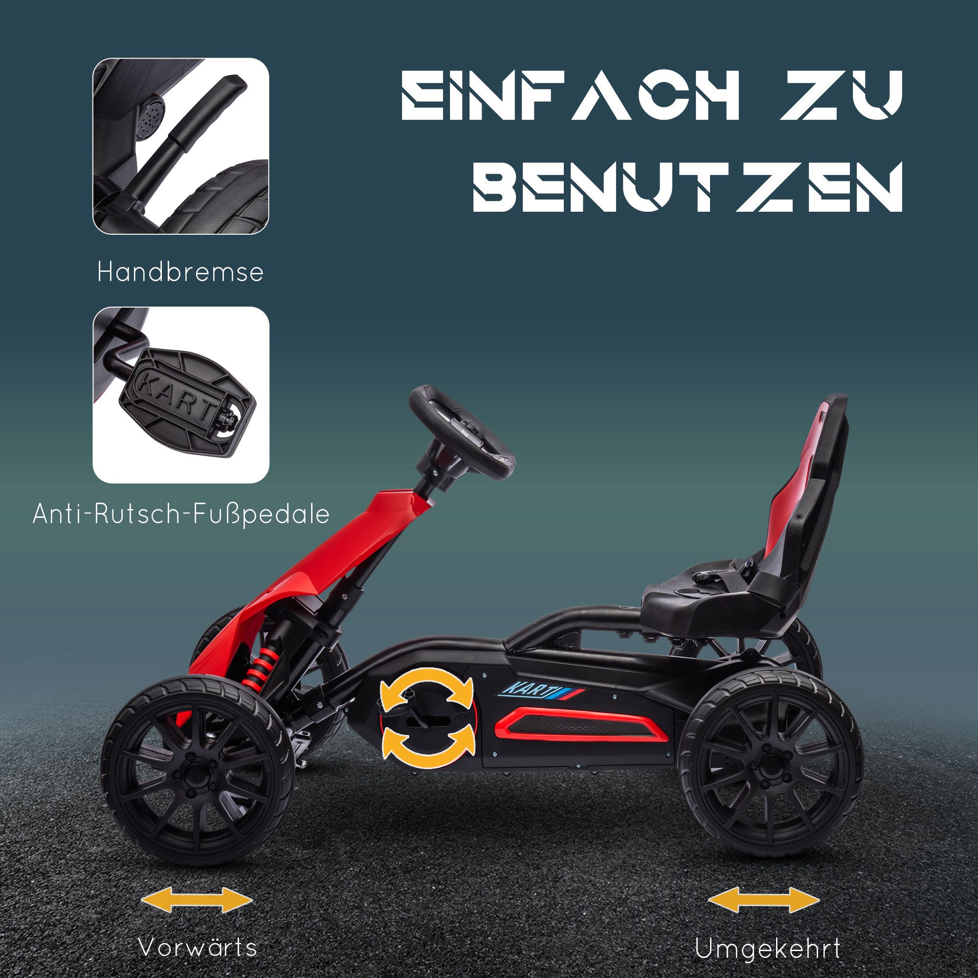 HOMCOM Go-Kart Kinderfahrzeug mit verstellbarem Sitz, Tretauto, Outdoor, für Kinder, Rot – Bild 5 von 5