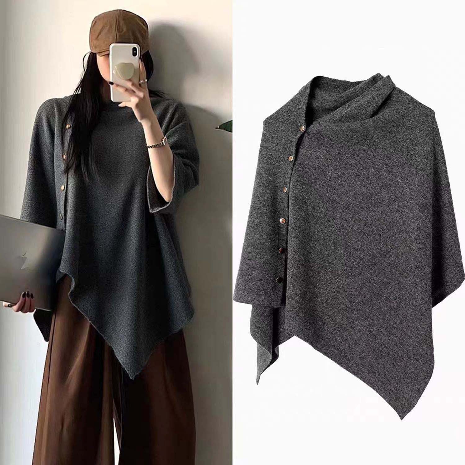 nsihing Poncho Einfarbiger Damen-Umhang, mit goldenen Knöpfen,Winter