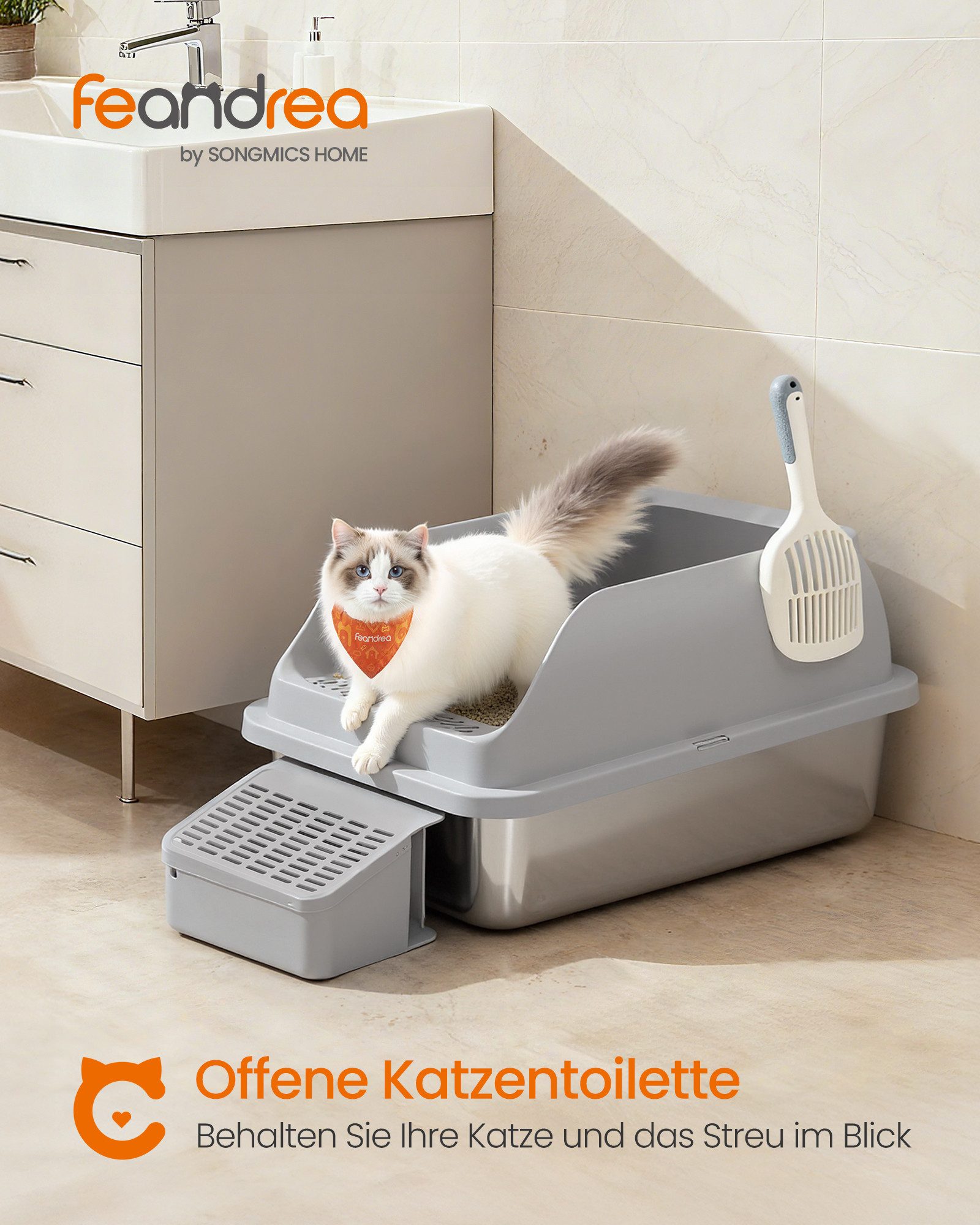 FEANDREA Katzentoilette Edelstahl, mit hohen Seitenwänden, Trittstufe, Schaufel, Bürste, offenes Design, für Katzen bis zu 15 kg, 62 x 42 x 30 cm (L x B x H)