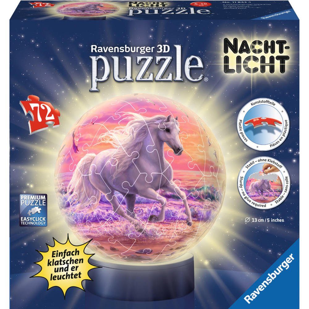 Ravensburger 3D-Puzzle Pferde Am Strand - Puzzle-Ball, Nachtlicht, 72 Puzzleteile