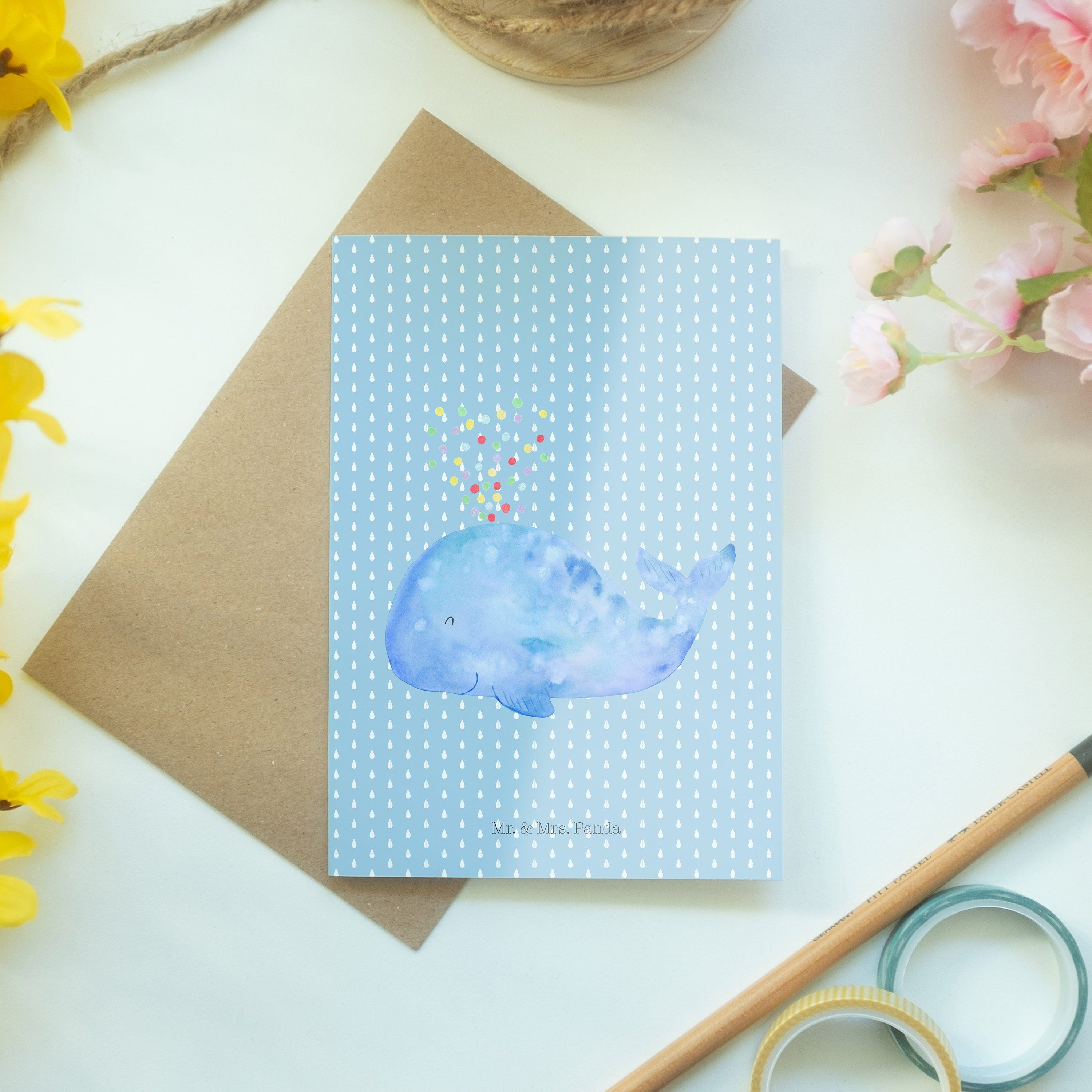 Mr. & Panda Klappkarte, Blau - Konfetti Mrs. Urlaub, Grußkarte Pastell Wal - Geschenk, Geburtsta
