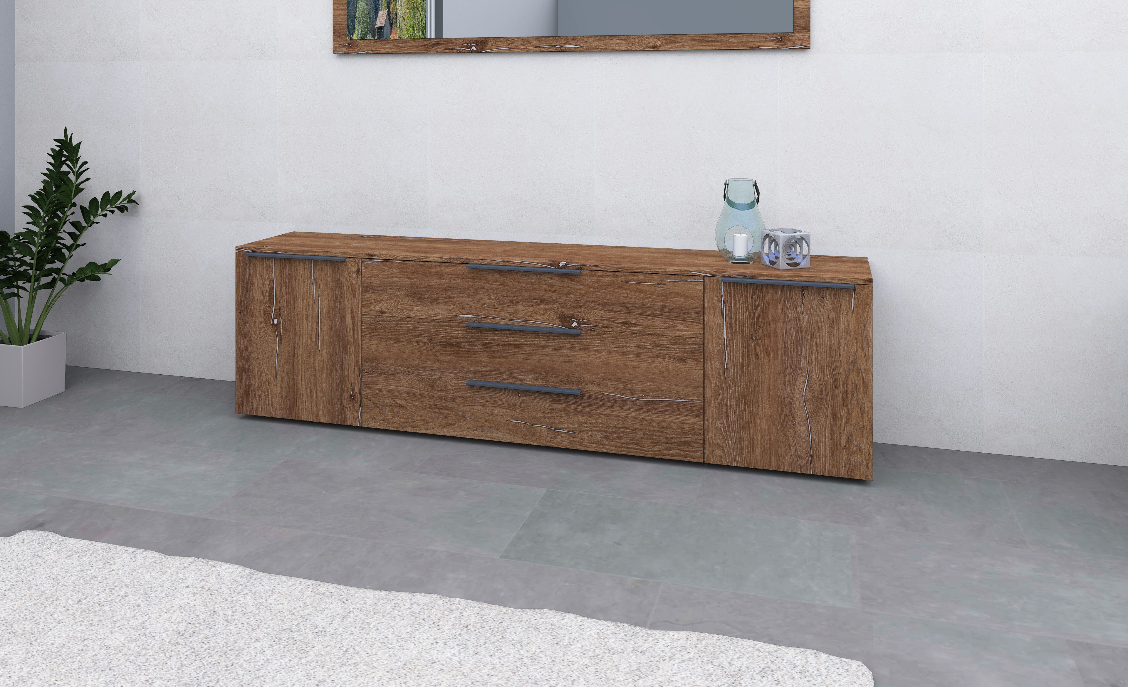 borchardt Möbel Sideboard Tom, Kommode Breite 200cm, hängend oder stehend mit Metallgriffen, 2 Türen 3 Schubkästen, verstellbare Einlegeböden