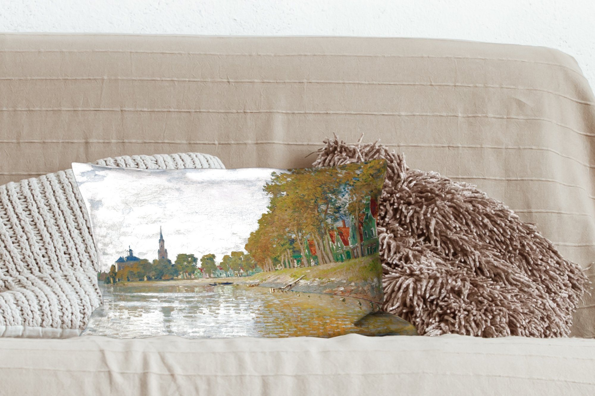 von MuchoWow Wohzimmer - Monet, Zaandam mit Füllung, Dekokissen Gemälde Schlafzimmer Dekokissen Zierkissen, Dekoration, Claude