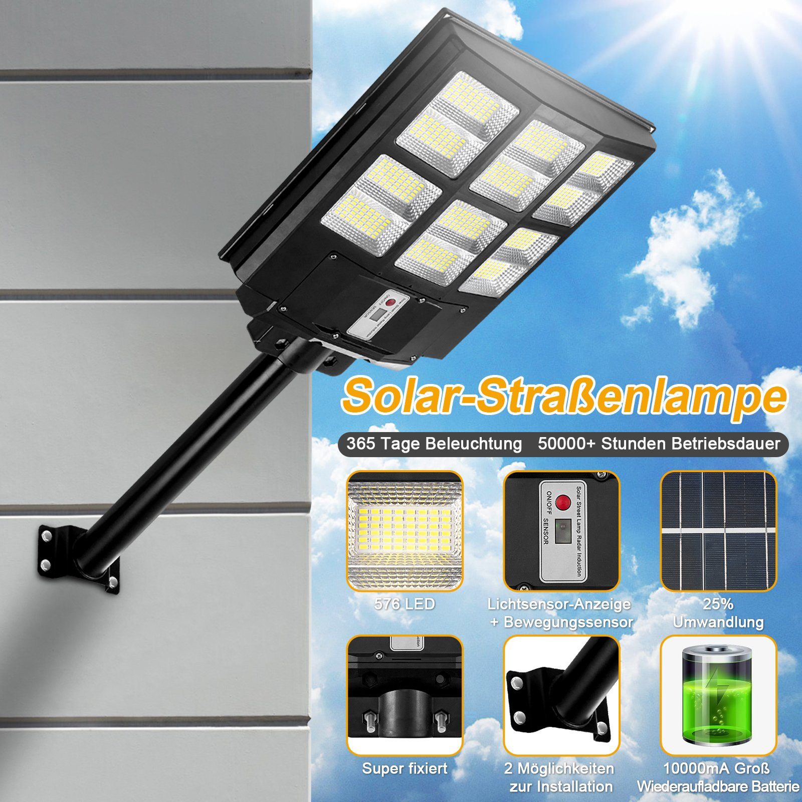 MUPOO LED Solarleuchte Dämmerung LED Solar LED 6500K Straßenlaterne, Straßenlaterne, 576/864/1152pcsLED, Weiß IP65, LED Morgengrauen mit Solar Bewegungsmelder, Feststehend 40000-80000lm, Wandleuchte zum LED