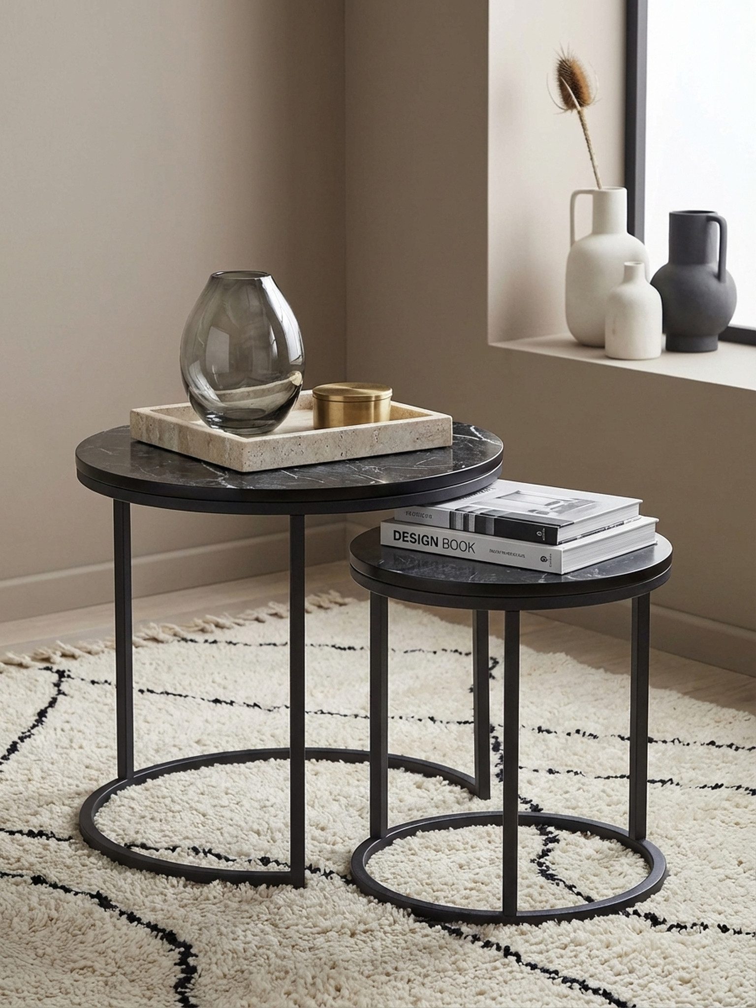 KADIMA DESIGN Satztisch Design Beistelltisch 2er Set Schwarz Marmor Optik Rund, Couchtisch (Satztische), 2-teilig Tischgestell Metall, Kleine Wohnzimmertische, Moderne