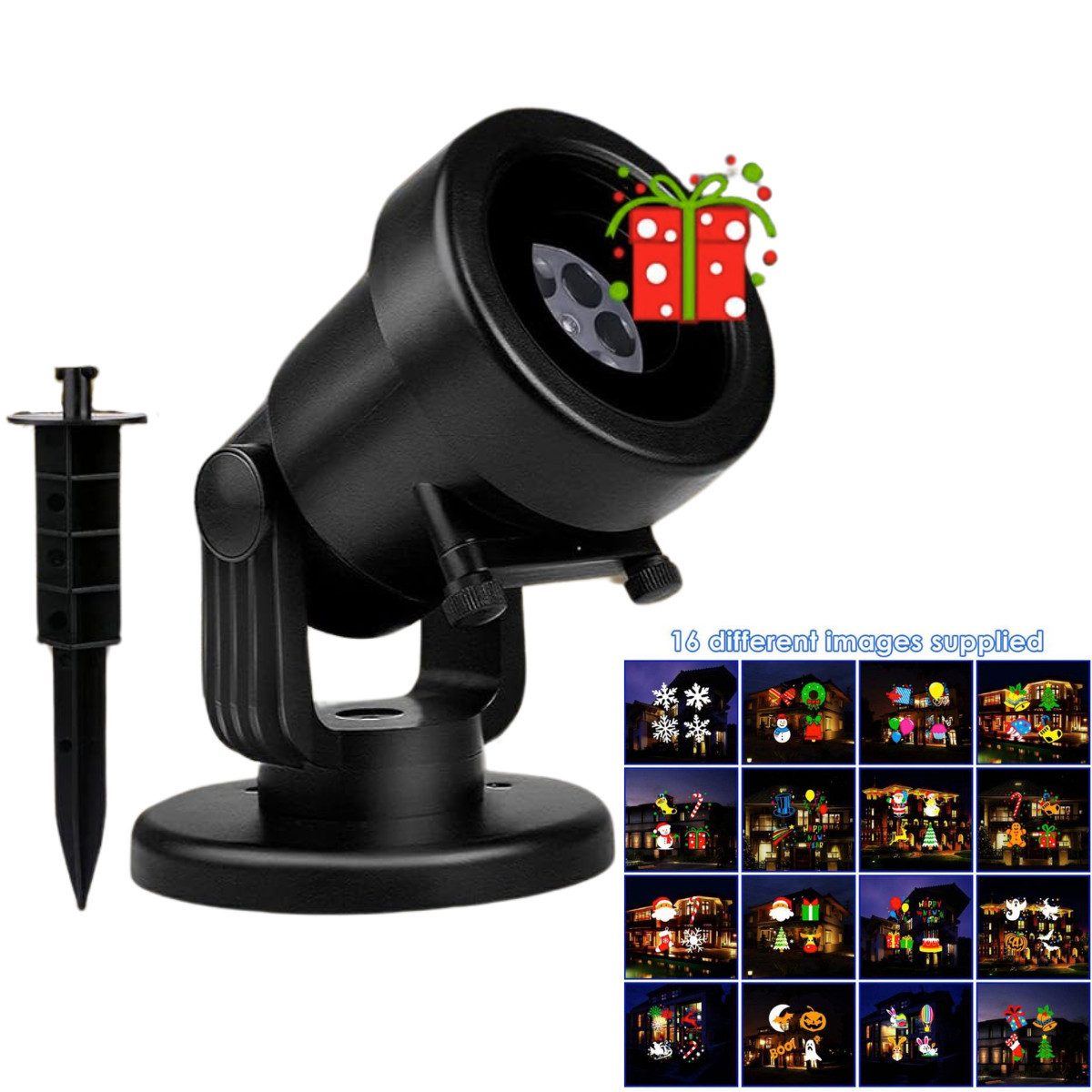 AUKEY Projektionslampe Motivstrahler Laser Projektor 16 Motive, LED, IP44 Spritzwassegeschützt, 180° Winkel, für Weihnachten Silvester