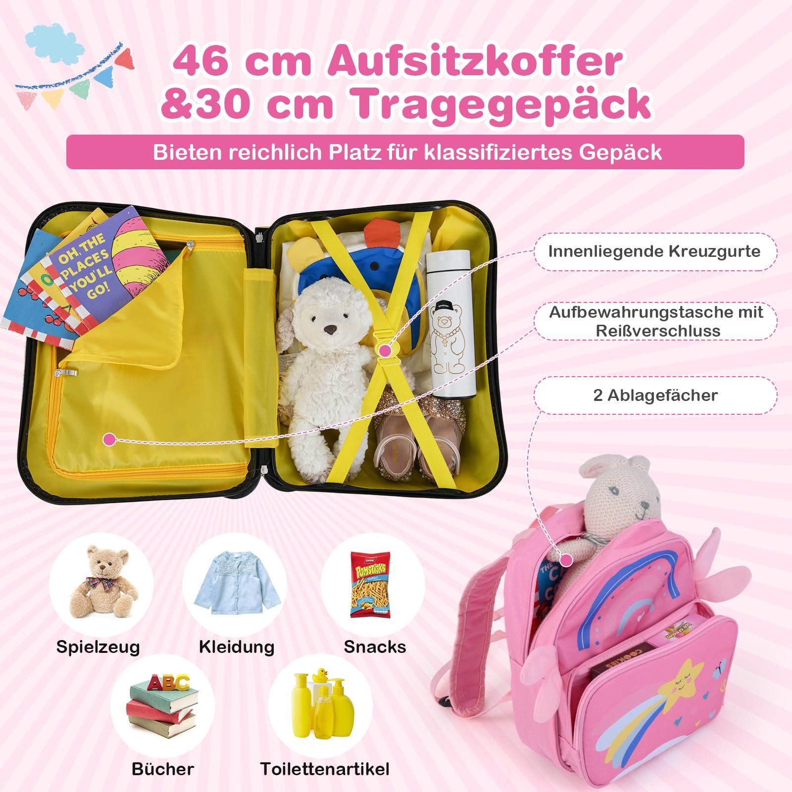 COSTWAY Kinderkoffer 12"+18" Kindertrolley, zum sitzen, mit 4 Rollen & Rucksack
