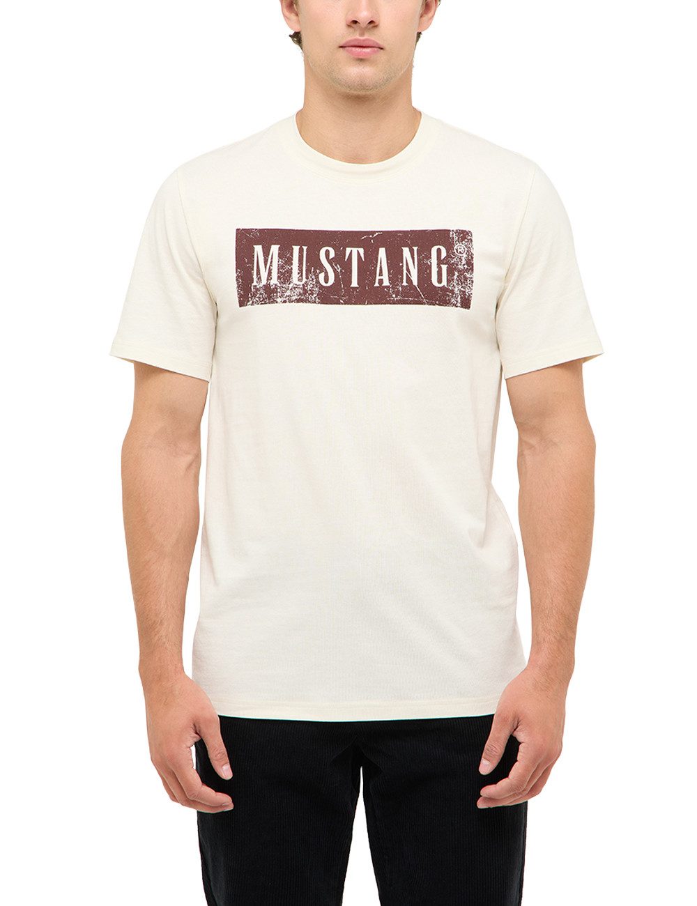 MUSTANG T-Shirt mit großem Logoprint vorn in Used-Optik, Baumwollqualität