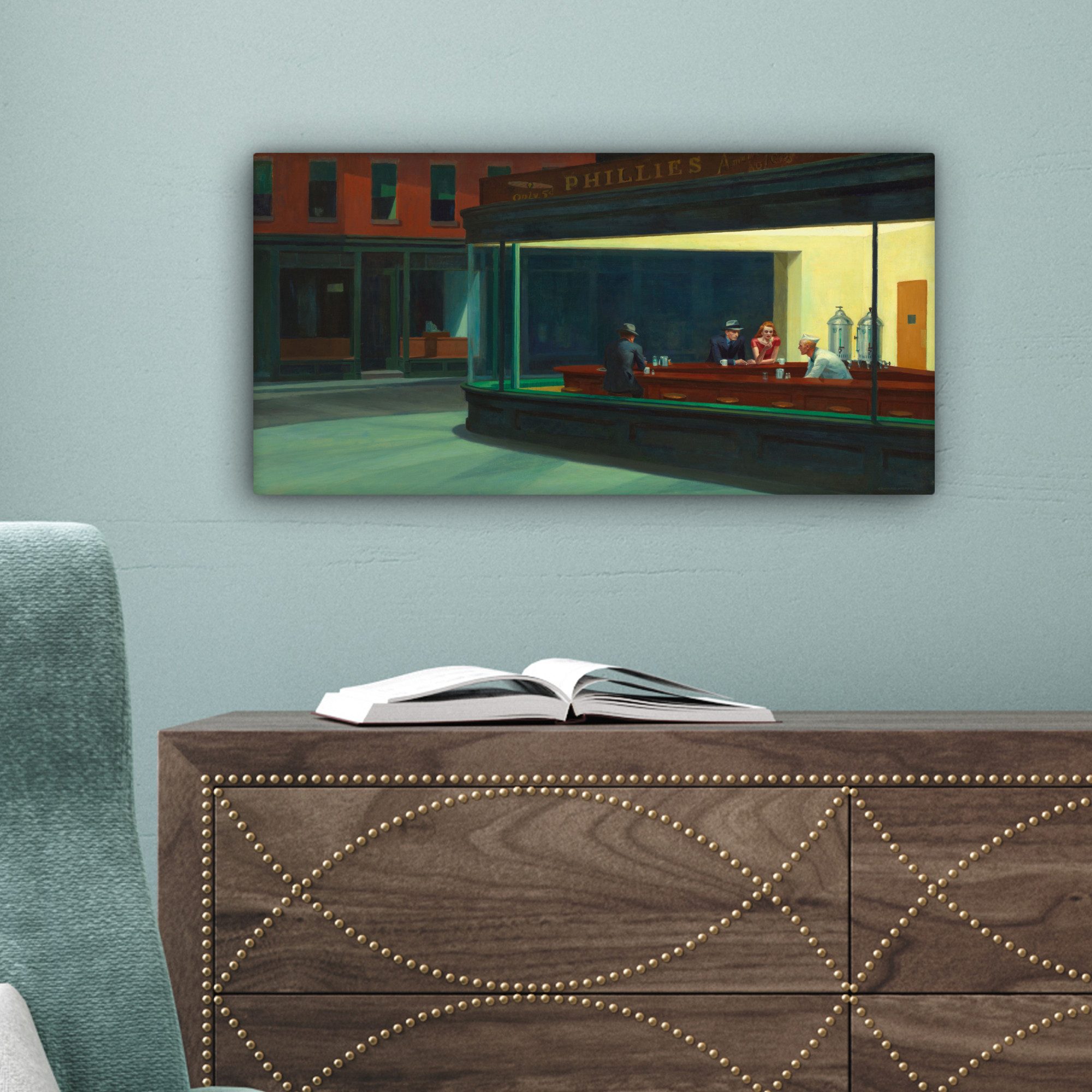 OneMillionCanvasses® Leinwandbild Panorama Nighthawks - Edward Hopper, Fotodruck (1 St), Wandbild, Deko Schlafzimmer Wohnzimmer Flur 40x20 cm – Bild 5 von 5