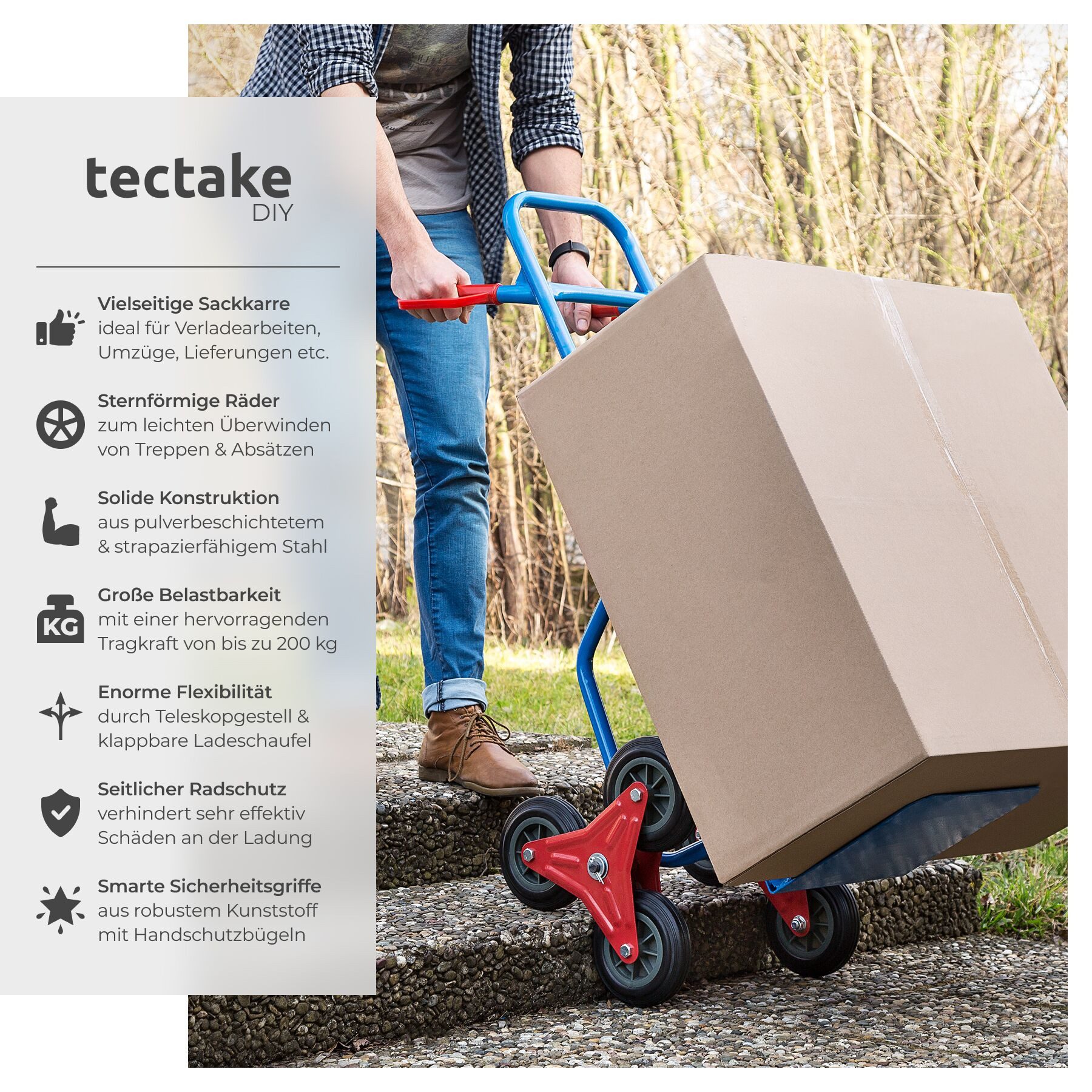 tectake Sackkarre Treppenkarre bis 200kg - Sternförmige Räder für müheloses, (Einzelartikel, 1 St), Stabile Stahlschweißkonstruktion für langlebige Belastbarkei – Bild 2 von 5