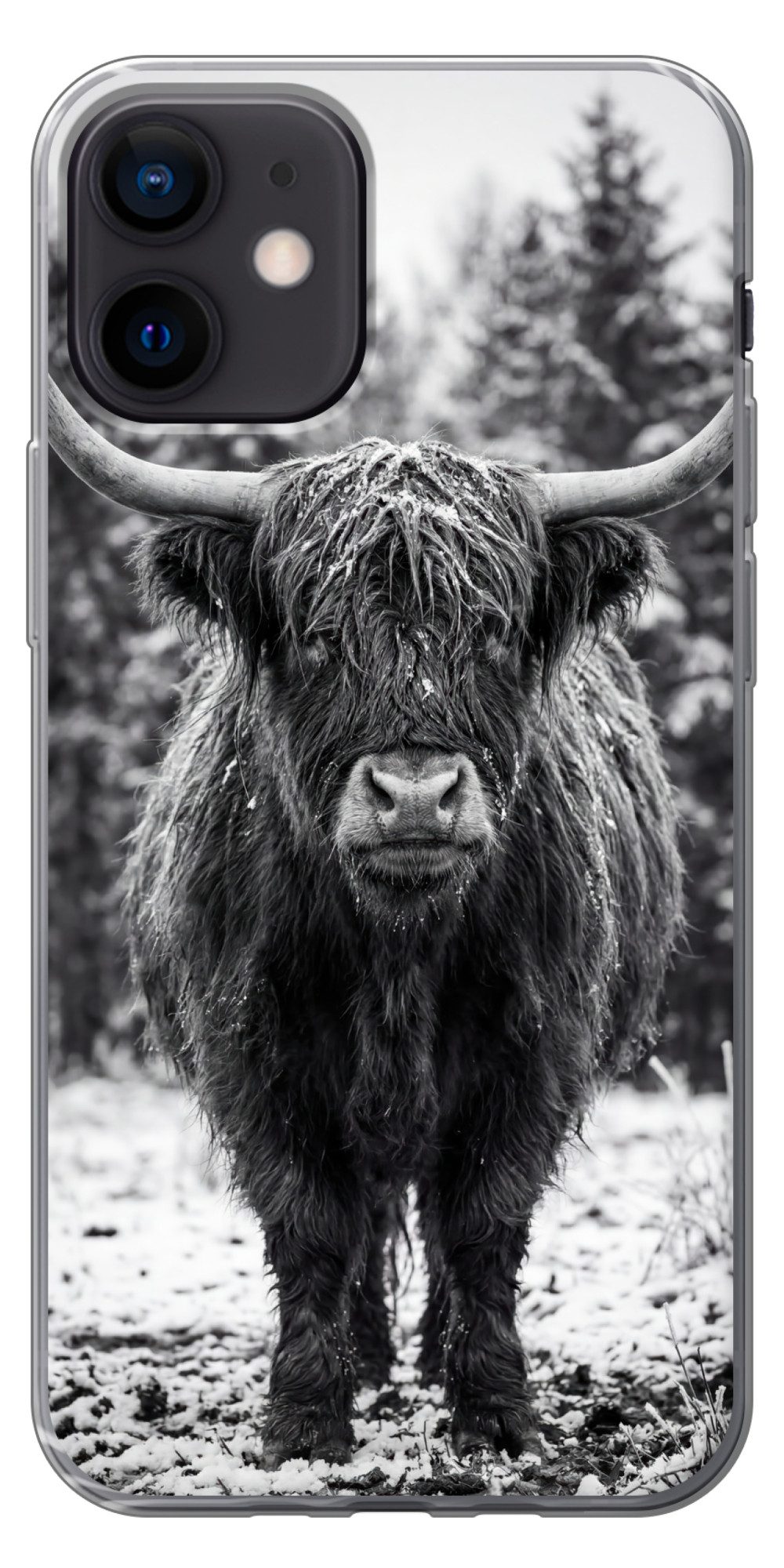 MuchoWow Handyhülle für Apple iPhone 12 Mini Schottischer Highlander - Schwarz - Weiß - Sc, Smartphone-Bumper, Print, Handy Schutzhülle Dünn