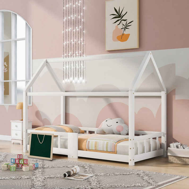 Flieks Kinderbett, Kiefernholz Hausbett mit Tafel und Rausfallschutz 90x200cm