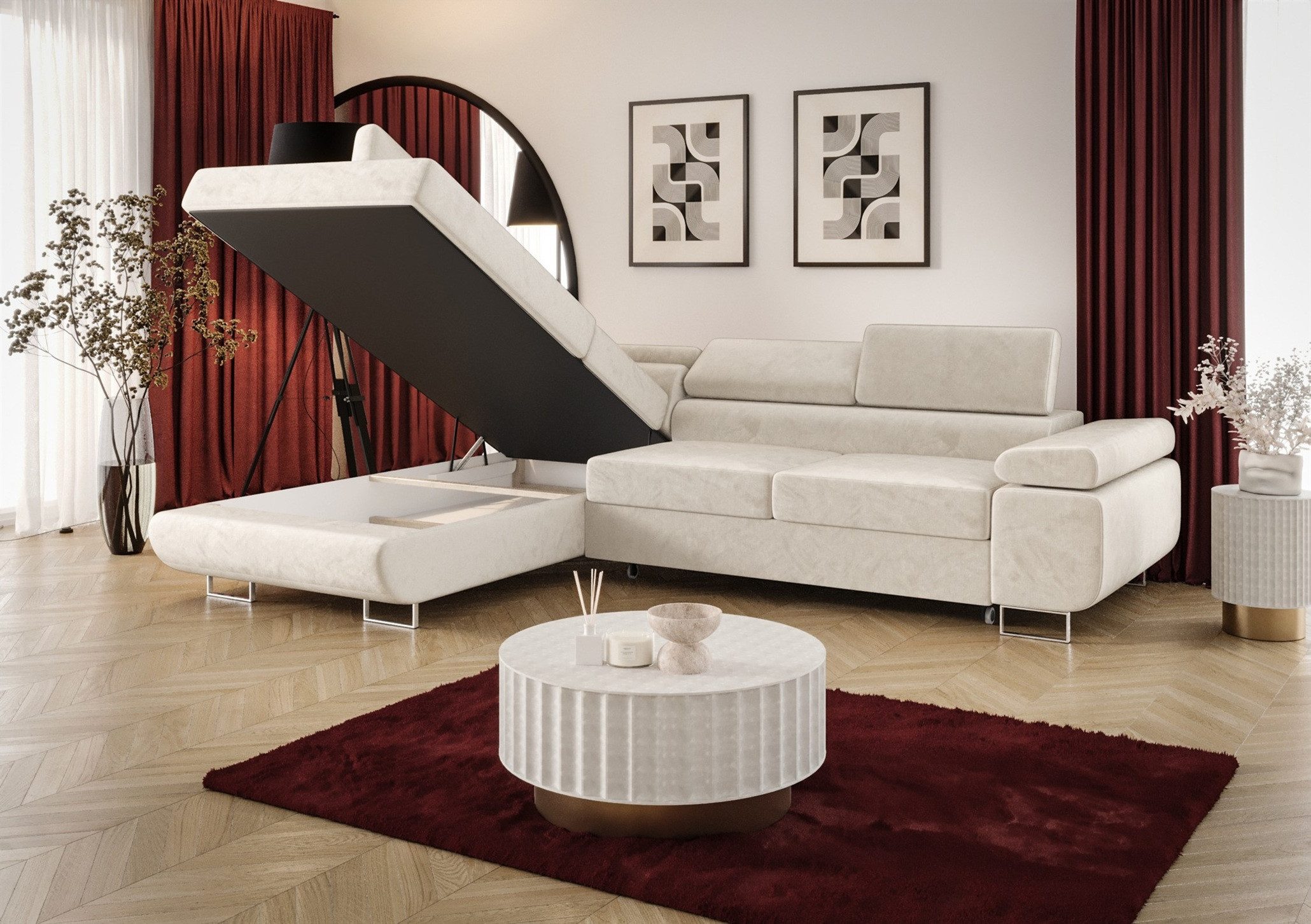 Fun Möbel Ecksofa Schlafsofa FUN MARIKO mit Ottomane in Stoff, Kopfstützen verstellbar