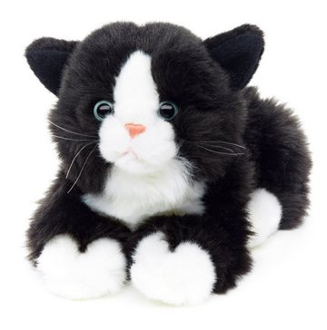 Uni-Toys Kuscheltier Katze mit Stimme (schwarz-weiß) - 20 cm (Länge) - Plüsch, Plüschtier, zu 100 % recyceltes Füllmaterial