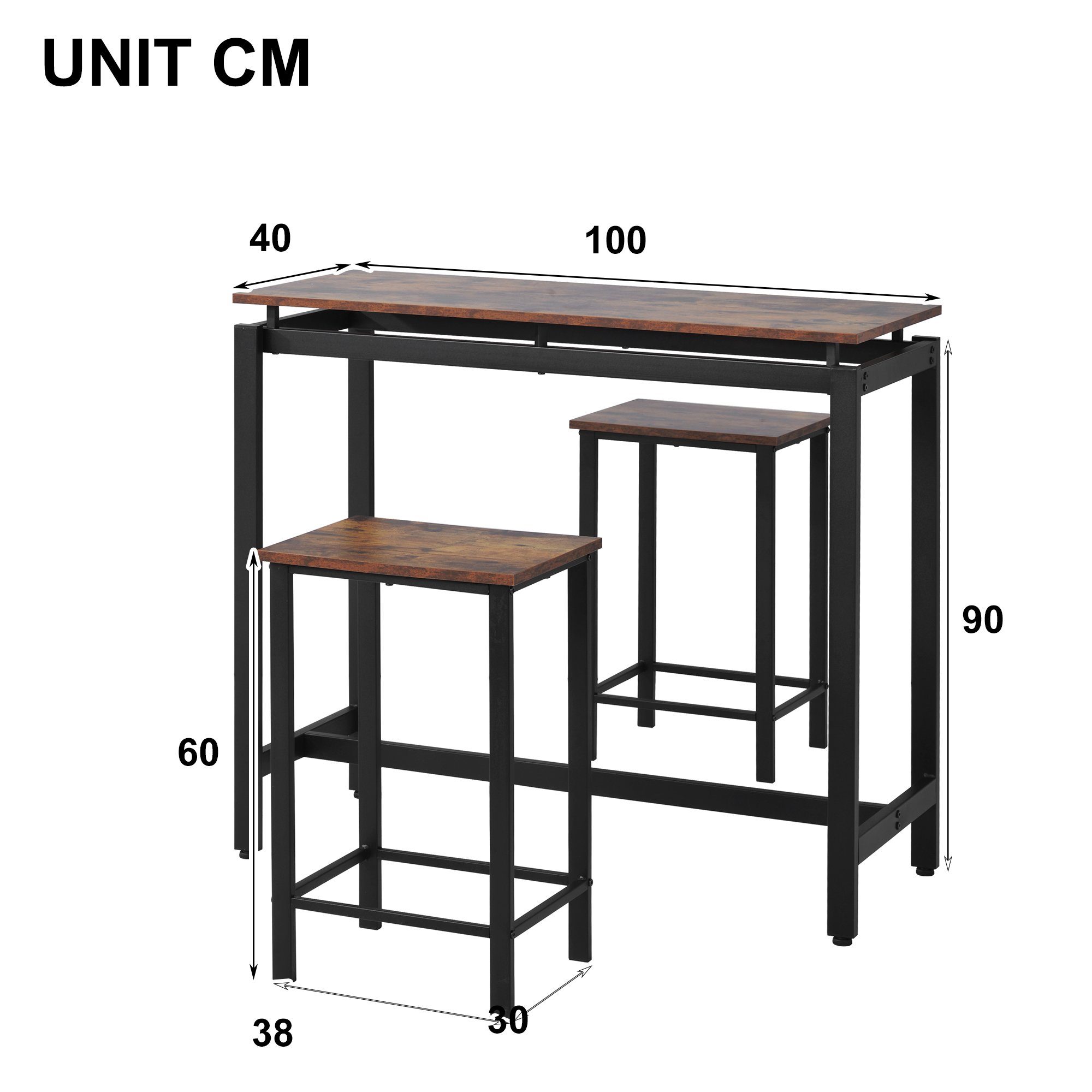 Bartisch (3-St), mit Hocker, Küchentisch Stehtisch Vintage, 100x40x90cm, 38x30x60cm