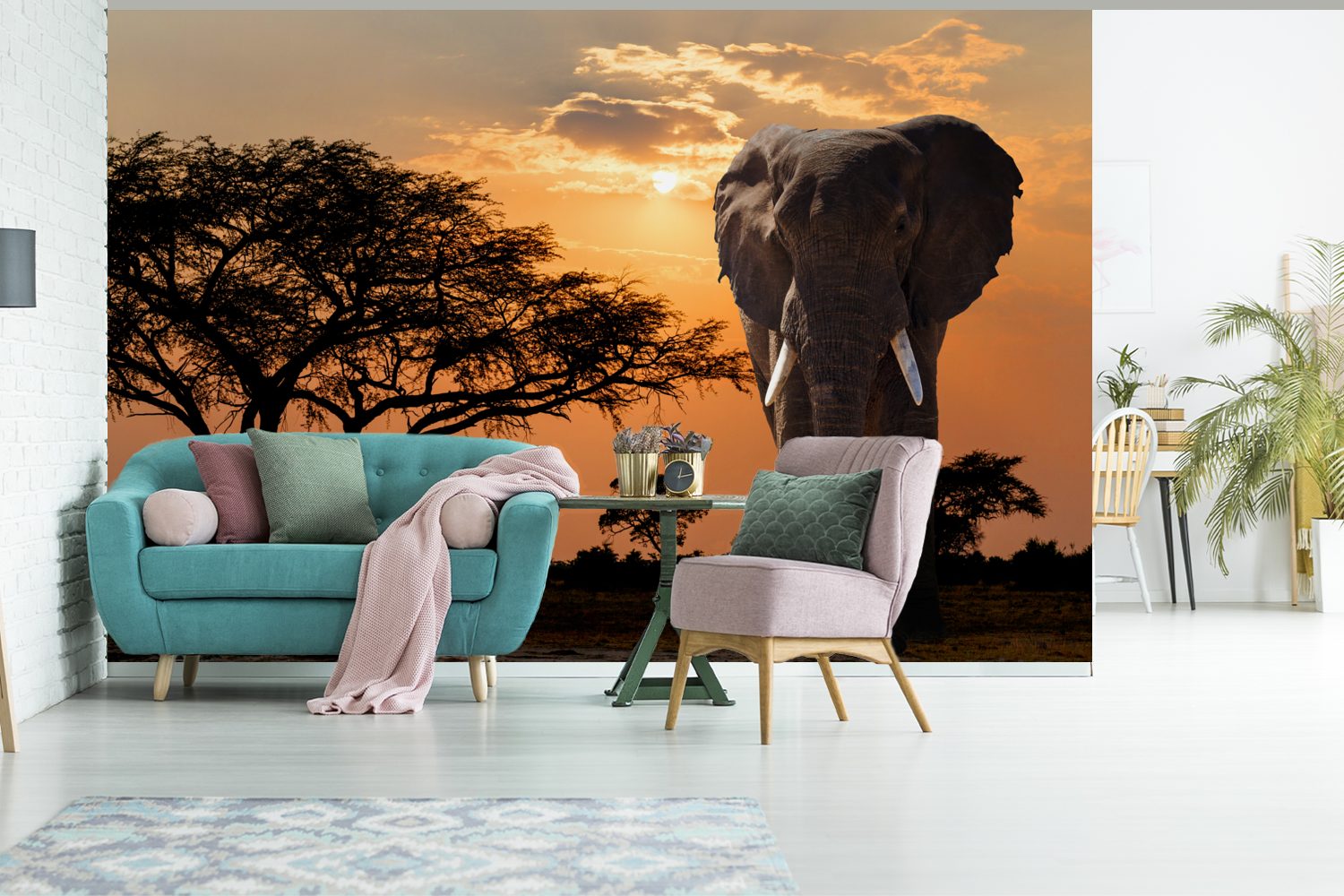 Elefant - Schlafzimmer, Baum Matt, Fototapete bedruckt, Afrika, Tapete St), Wohnzimmer, MuchoWow Vinyl Wallpaper Kinderzimmer, (6 für -