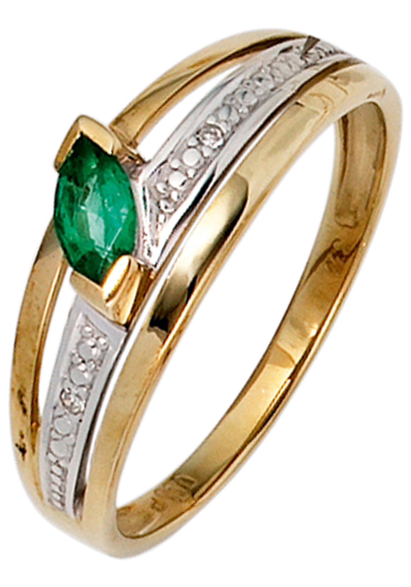 JOBO Diamantring, 585 Gold bicolor mit 2 Diamanten und Smaragd