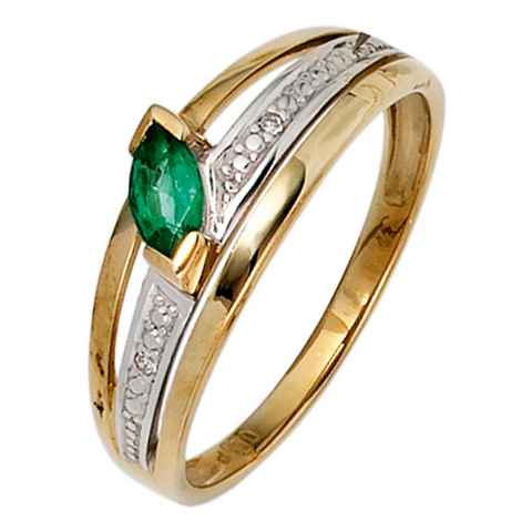 JOBO Diamantring, 585 Gold bicolor mit 2 Diamanten und Smaragd