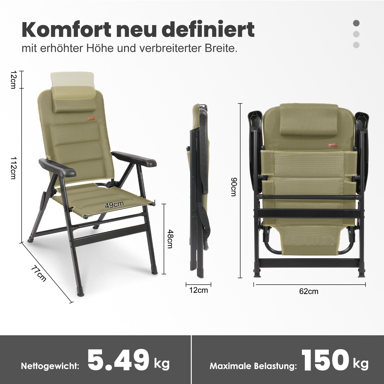 HOMECALL Klappstuhl Hochlehner Campingstuhl Gartenstuhl Gepolstert Faltstuhl Balkonstuhl (150 KG Belastbar Erstellbare Kopfstutze Anglerstuhl,Groß und Hoch, 1 St), mit 7-Fach Verstellbare lehne, für Camp Garten Balkon
