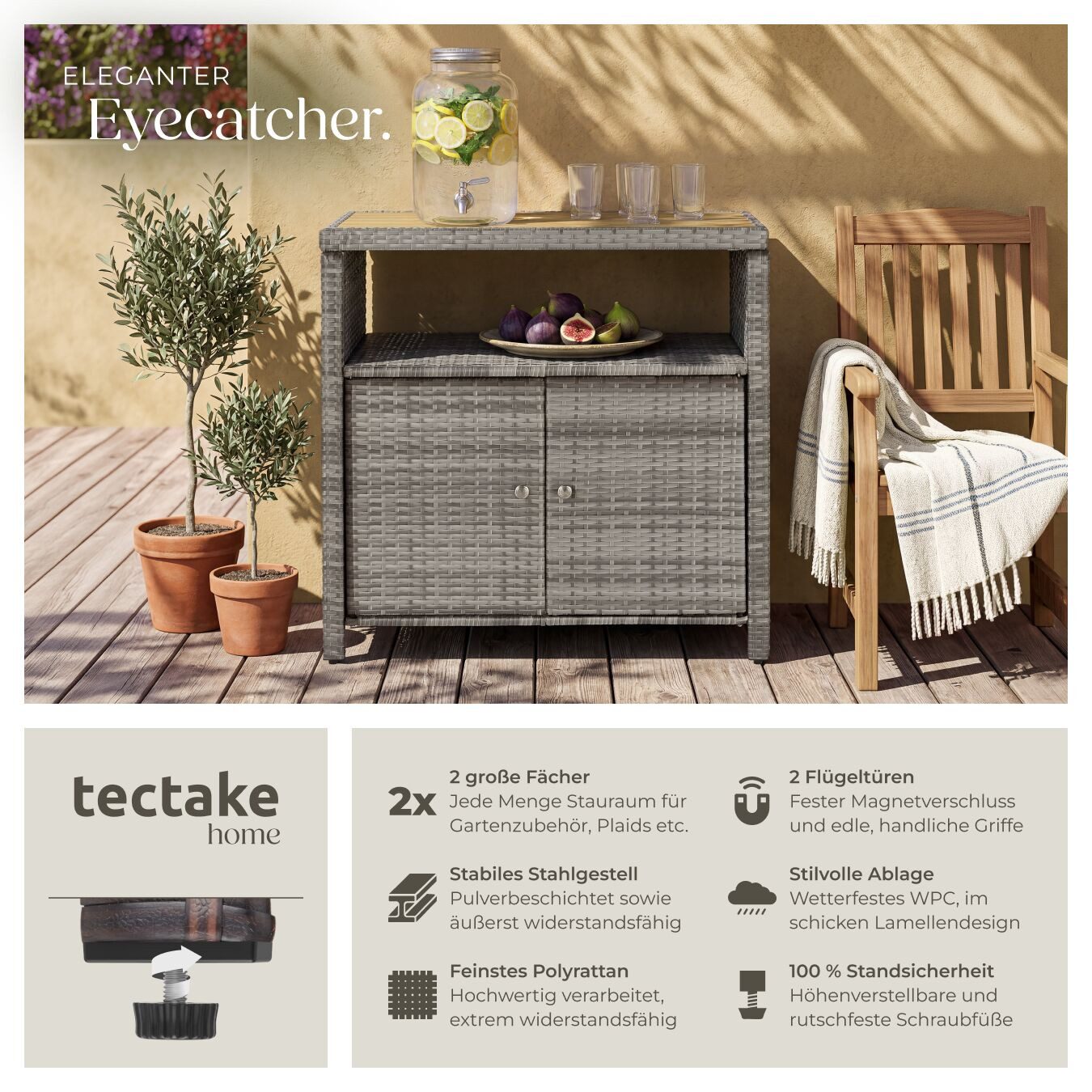 tectake Geräteschrank WPC-Schrank - wetterfest mit WPC-Lamellen in Holzoptik (Gartenschrank Monscia, 1-St., in Grau) fein geflochtenes Polyrattan