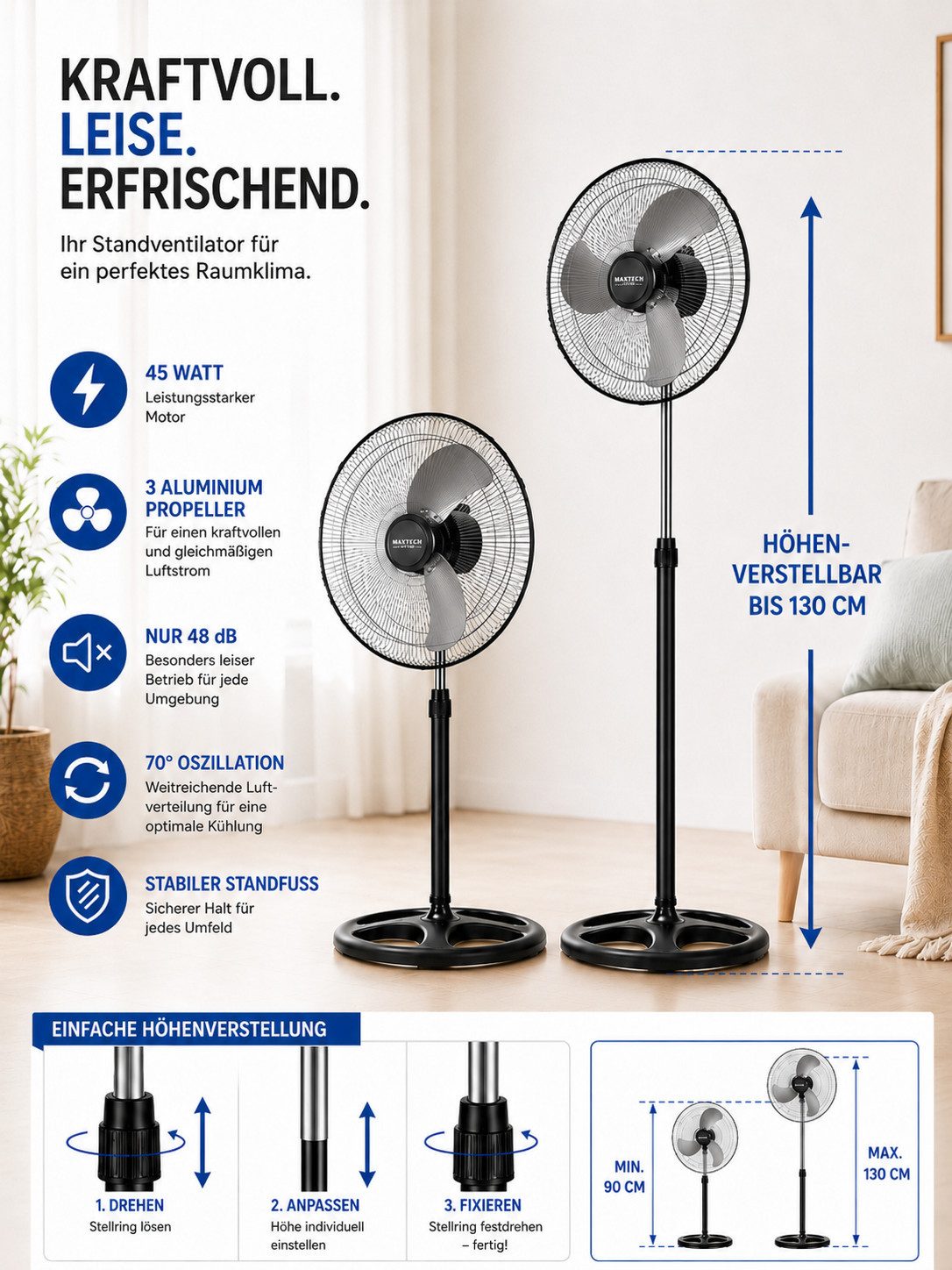 Ertex Standventilator Standventilator45 W Ø45cm Ventilator, höhe bis 130 cm STARK Neu