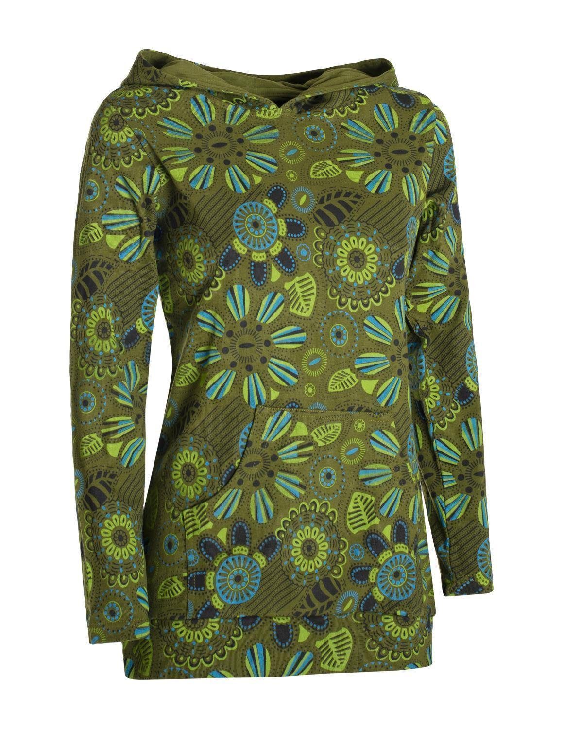 Vishes Kapuzenshirt Langarm Hoodie mit Blumen Druck und Kängurutasche Hippie, Goa Style