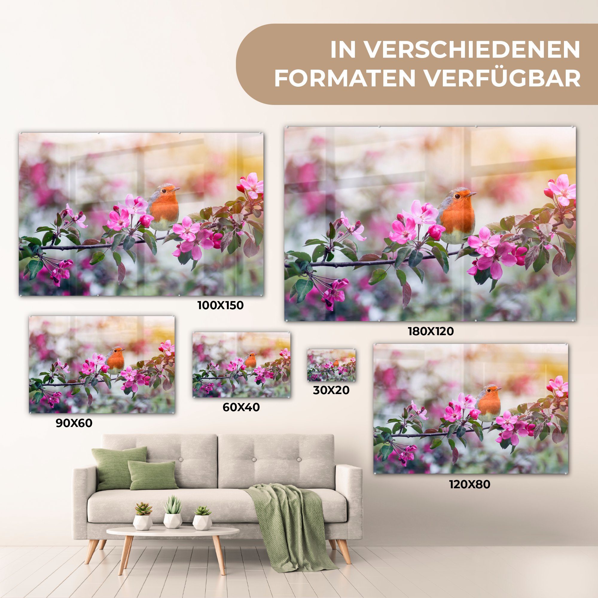 - - Wohnzimmer Blumen Acrylglasbilder St), Acrylglasbild Schlafzimmer & (1 Rotkehlchen Blätter, MuchoWow
