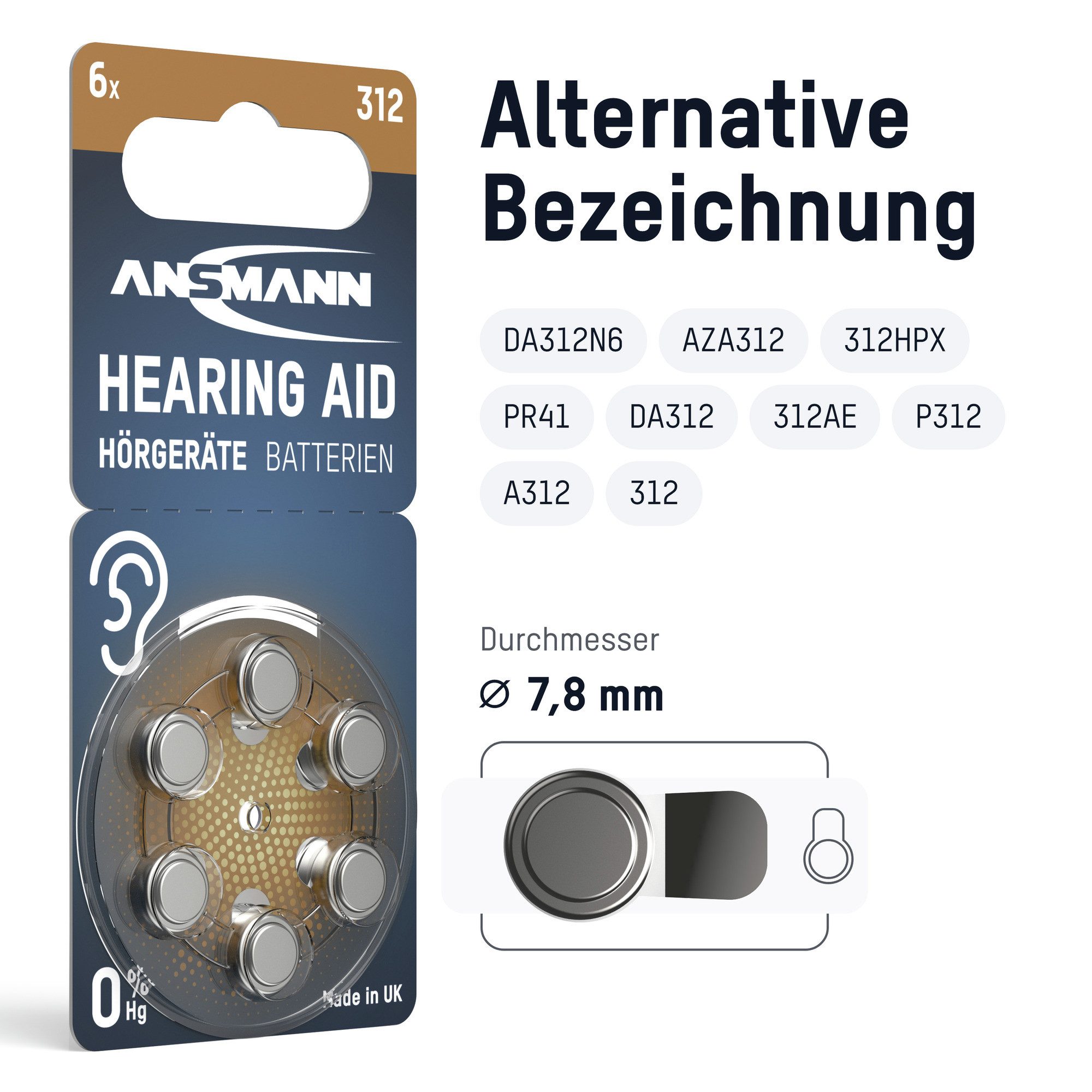 ANSMANN AG Hörgerätebatterien Typ 312 P312 ZL3 PR41, 120 Stück Knopfzelle