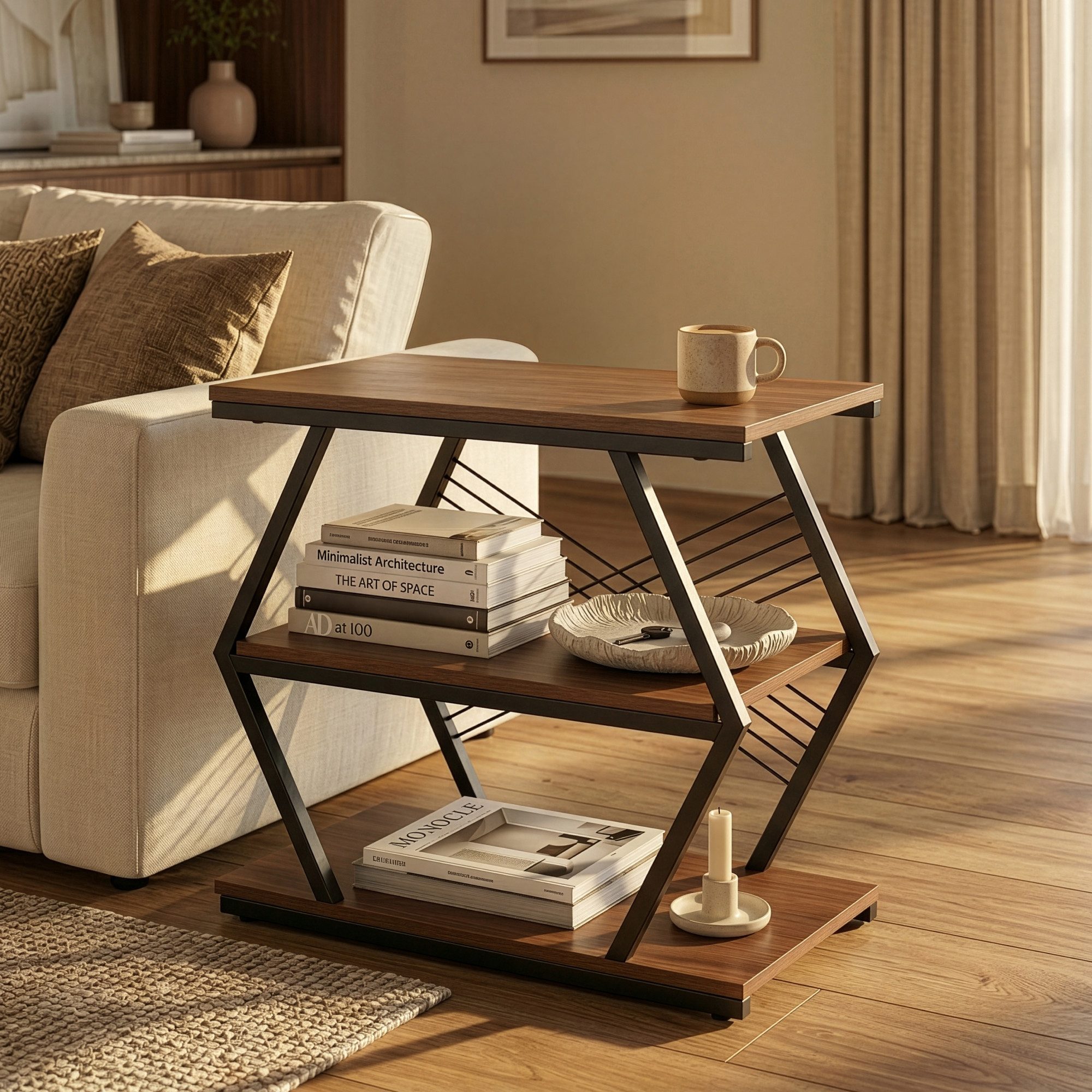 en.casa Beistelltisch, »Nolarg« mit 3 Ablagen 65 x 30 x 61 cm Schwarz/Walnussoptik