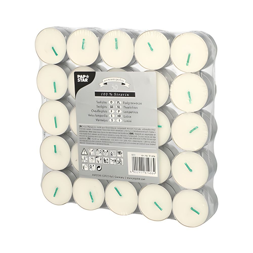 PAPSTAR Teelicht Teelichte Ø 37,2 mm, 15,5 mm weiss aus 100 % Stearin 50 Stk