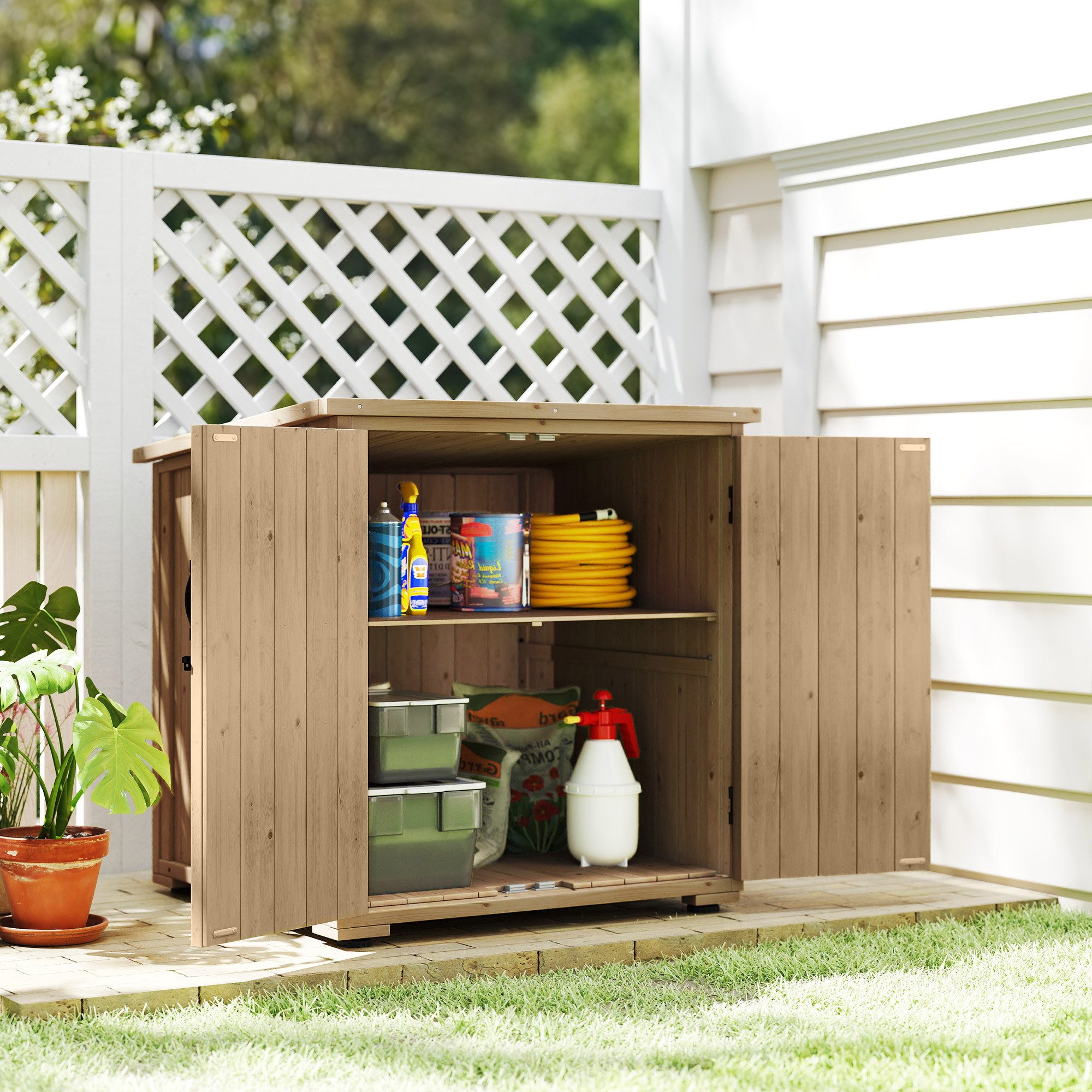 Outsunny Garten-Geräteschrank Gartenschrank Holz, Geräteschrank, Outdoor wetterfest, BxT: 77.5x88 cm, (Gartenschuppen, 1 St., Holzschrank), für Garten, Balkon, Natur, 77,5 x 88 x 90 cm