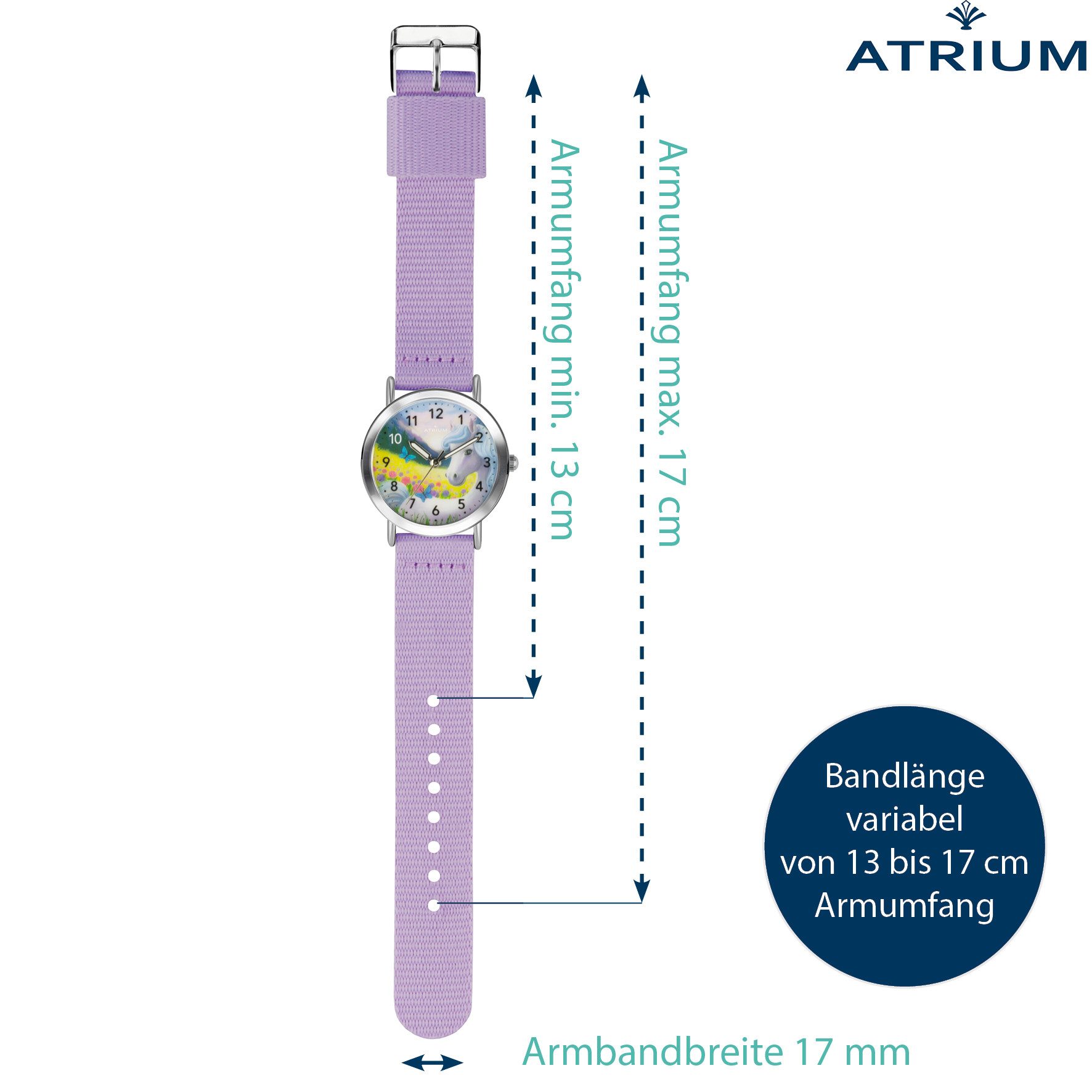 Atrium Quarzuhr A44-18 Siabelle Kinder Armbanduhr Pferd Einhorn flieder, analog deutlich Uhrzeit lernen Geschenkidee Einschulung Ø 30mm